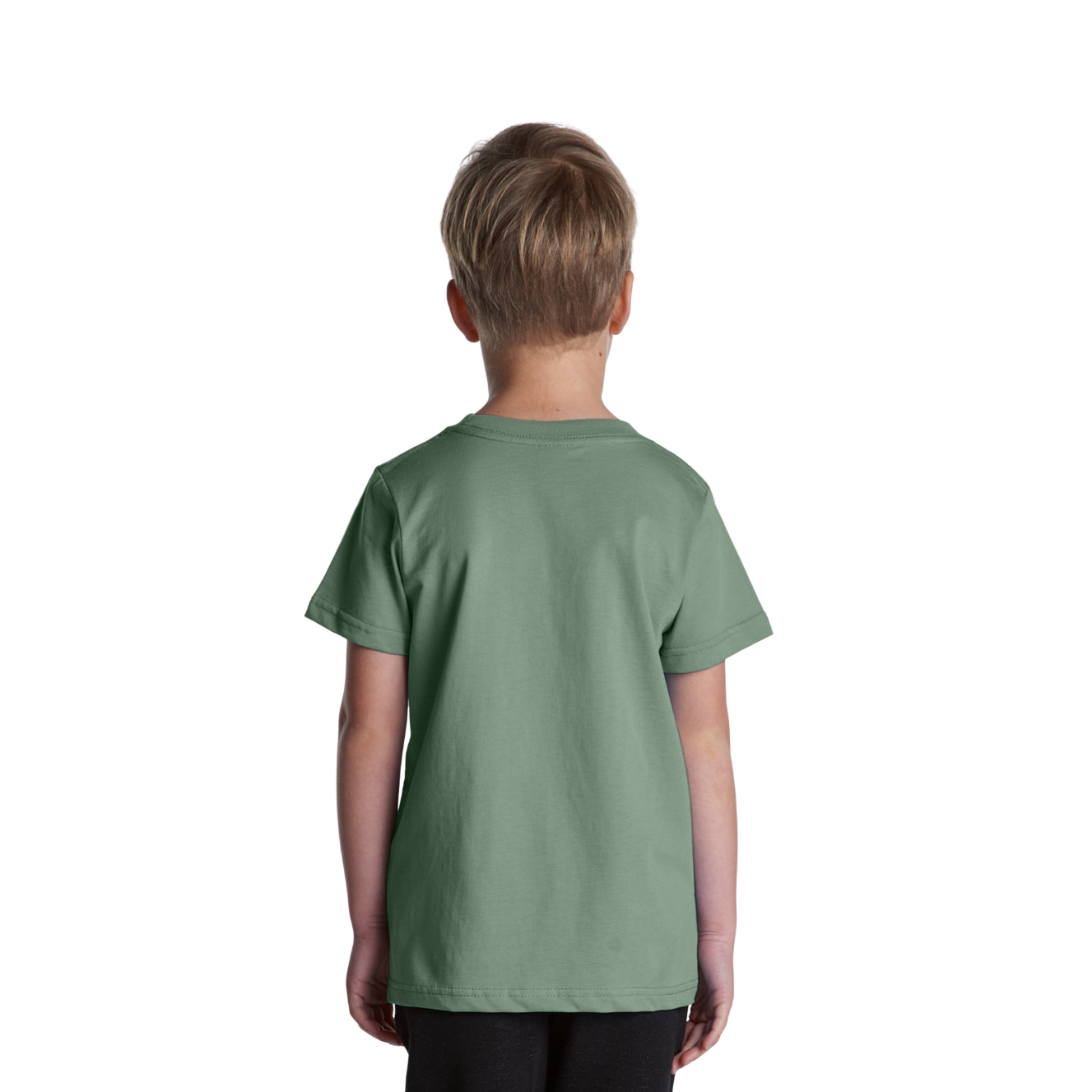Back view of child wearing green AS Colour Child Staple T-shirt with hands by side