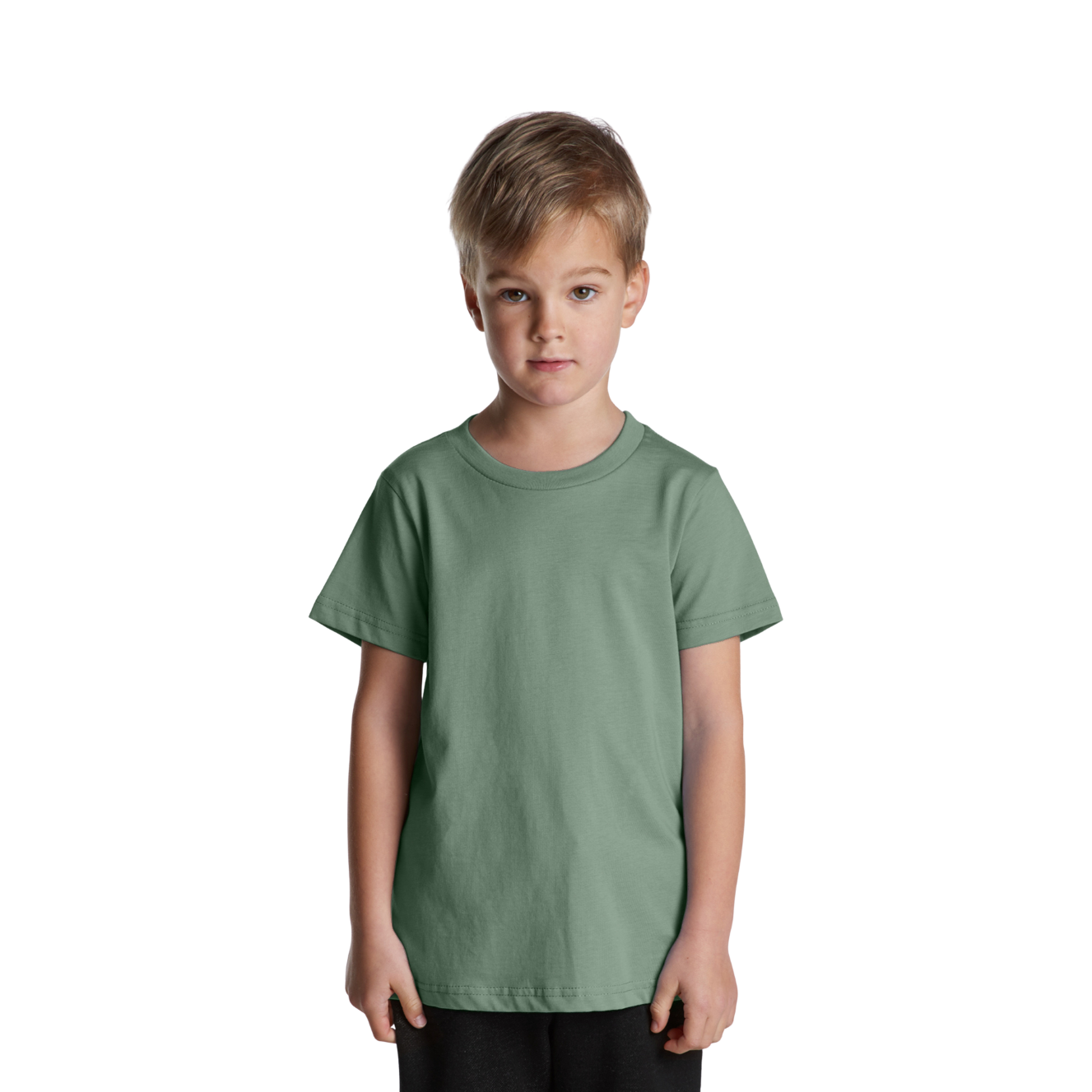 Front view of child wearing green AS Colour Child Staple T-shirt looking straight ahead