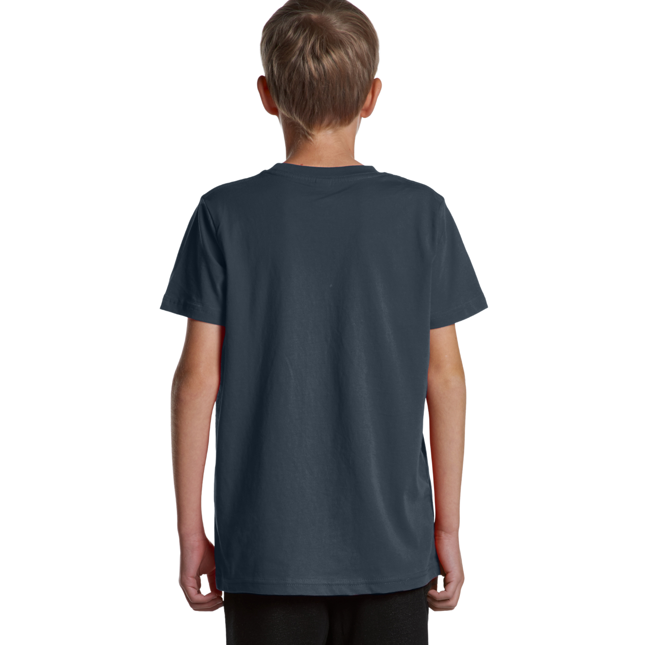 Back view of youth wearing navy AS Colour Youth Staple T-shirt with hands by side