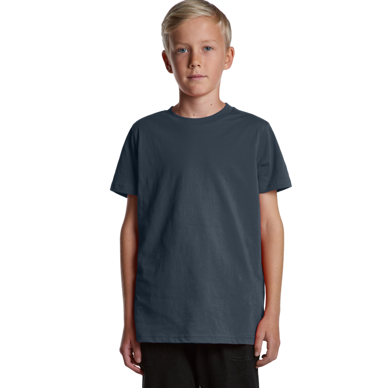 Front view of youth wearing navy AS Colour Youth Staple T-shirt looking straight ahead