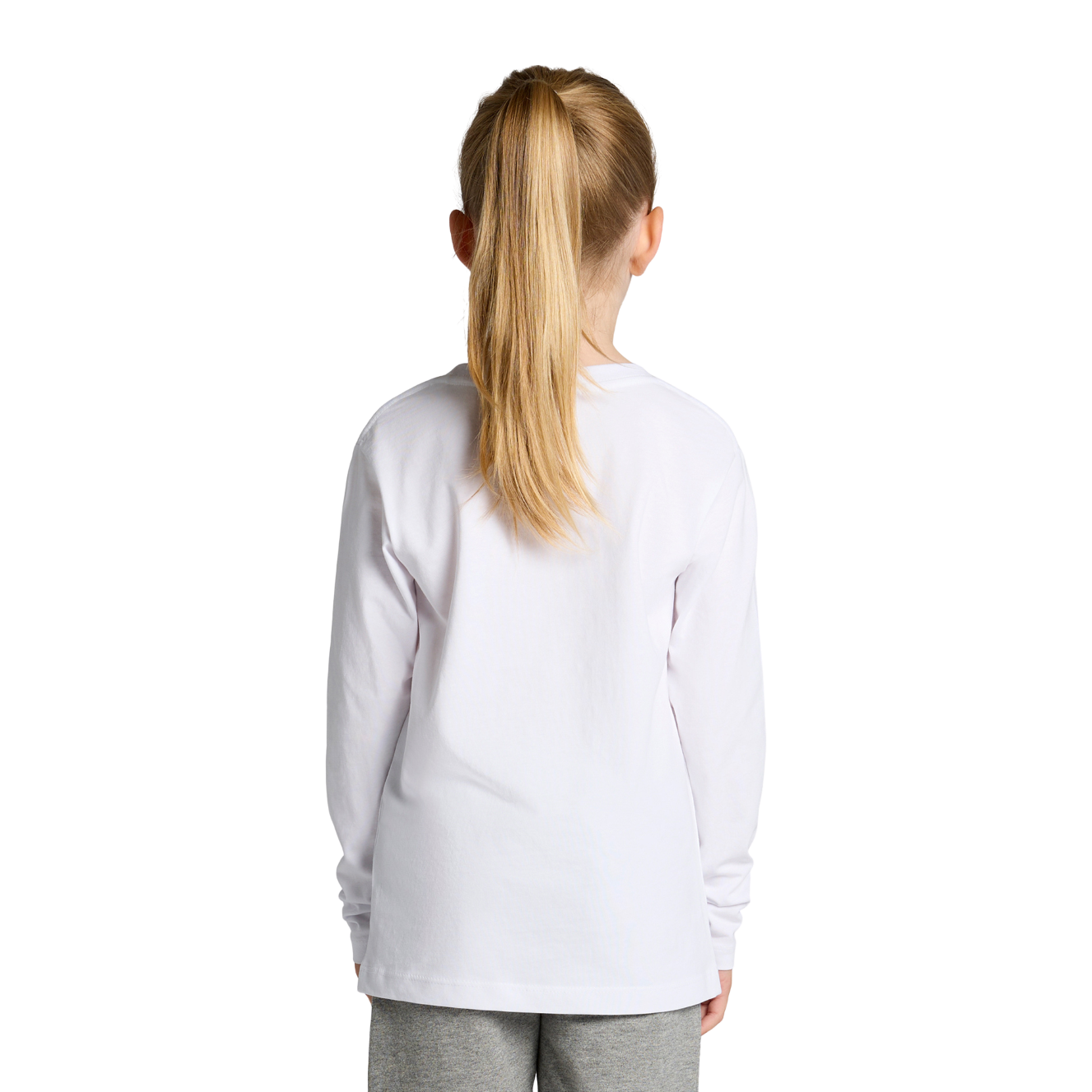 Back view of child with ponytail wearing a white AS Colour Child Staple Long Sleeve T-shirt