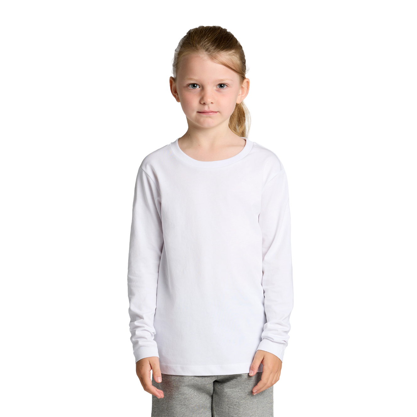 Front view of child wearing a white AS Colour Child Staple Long Sleeve T-shirt looking straight ahead