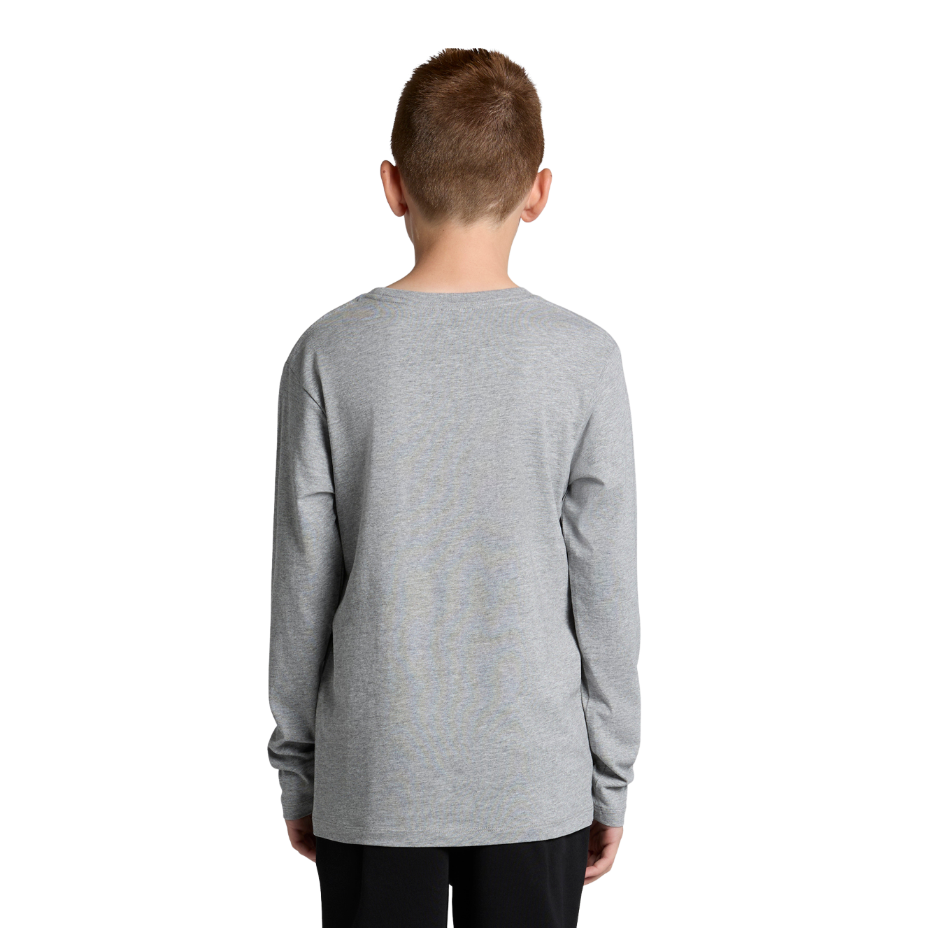 Back view of youth wearing grey AS Colour 3008 Youth Staple Long Sleeve T-shirt with hands by the side