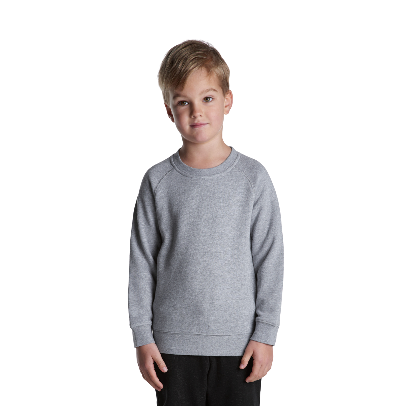 Front view of child wearing grey AS Colour Child Supply Sweatshirt looking at camera