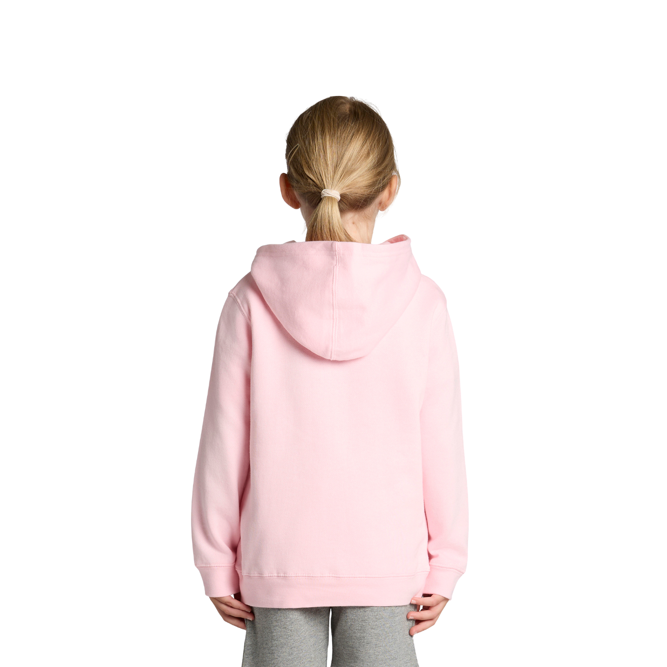 Back view of child wearing a pink AS Colour Child Supply Hoodie with hands by her side