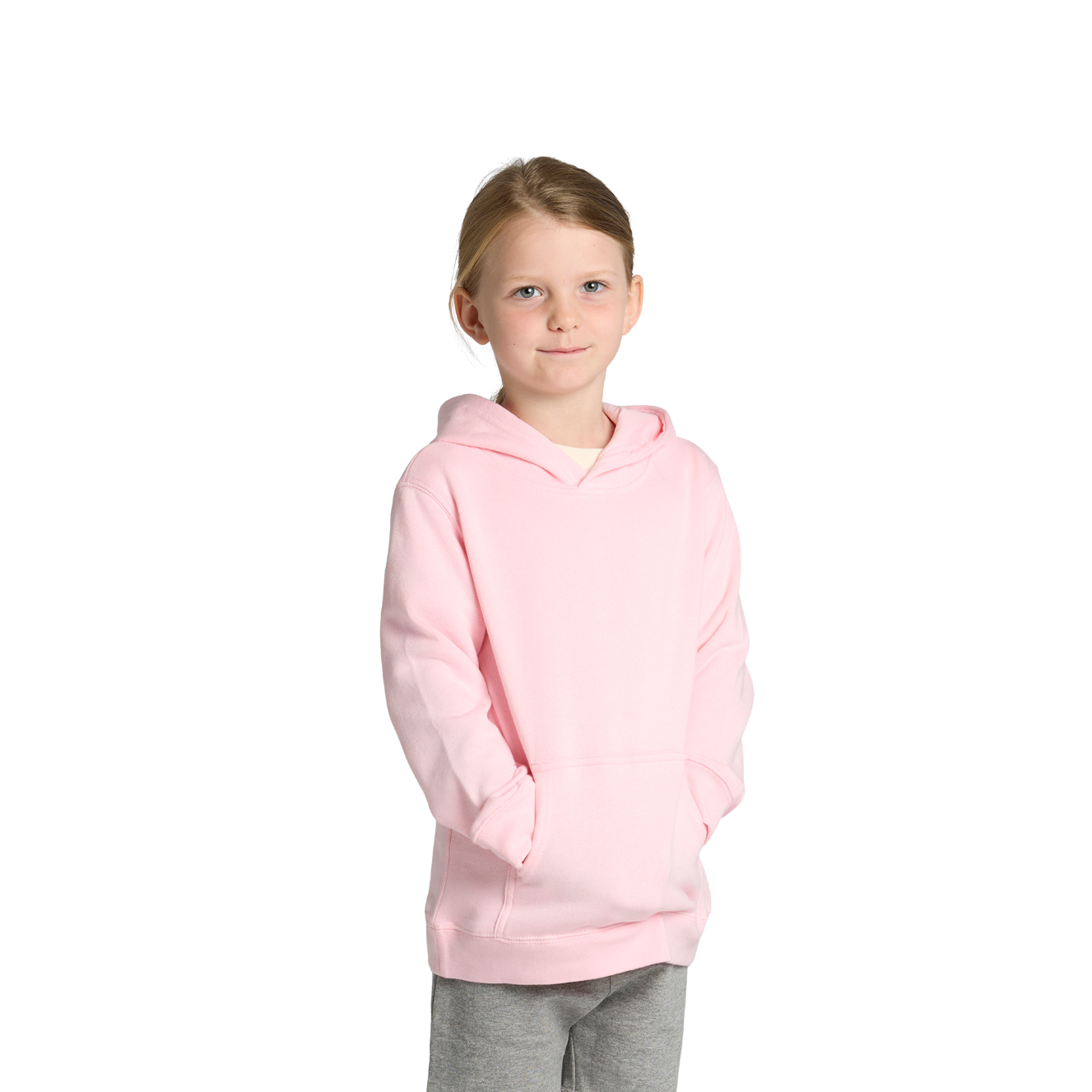 Front view of child wearing a pink AS Colour Child Supply Hoodie looking front on with hands in pockets