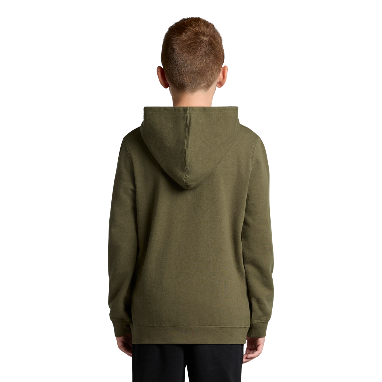 Back view of youth wearing army coloured AS Colour Youth Supply Hoodie with hands by his side
