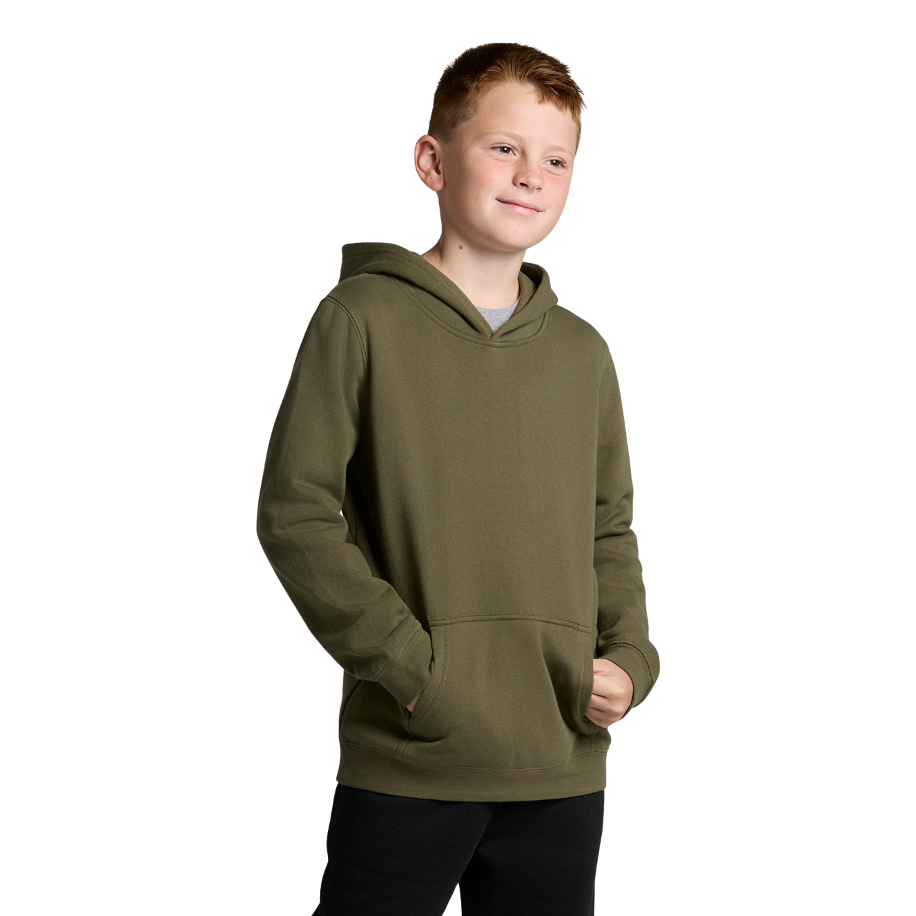 Front view of youth wearing army coloured AS Colour Youth Supply Hoodie looking side-on with hands in pockets