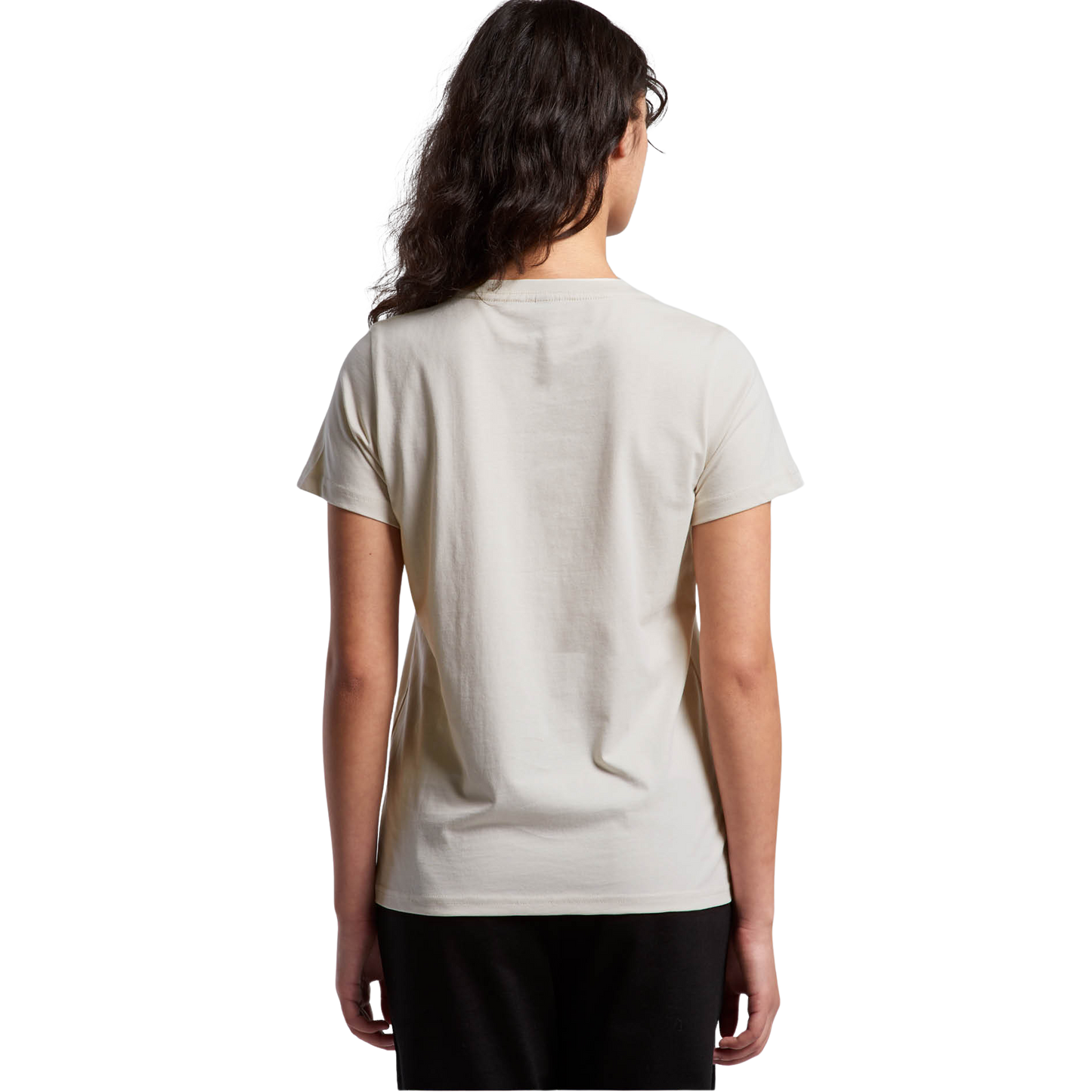 Back view of woman wearing bone coloured AS Colour Womens Maple T-shirt looking slightly to the right