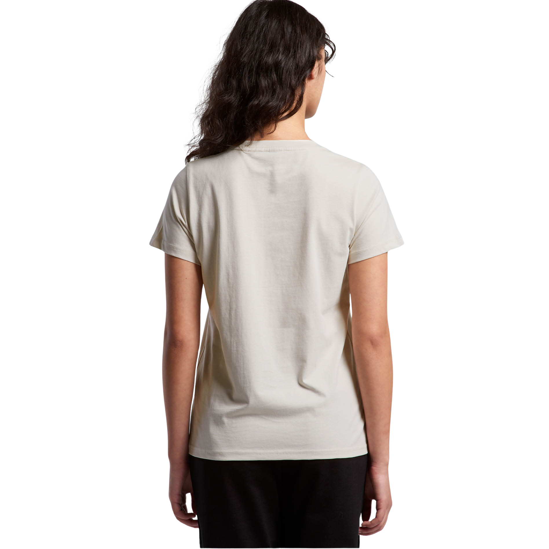 Back view of woman wearing bone coloured AS Colour Womens Maple T-shirt looking slightly to the right