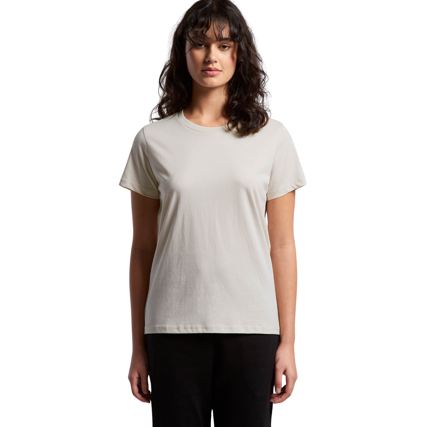 Front view of woman wearing bone coloured AS Colour Womens Maple T-shirt looking forward towards camera