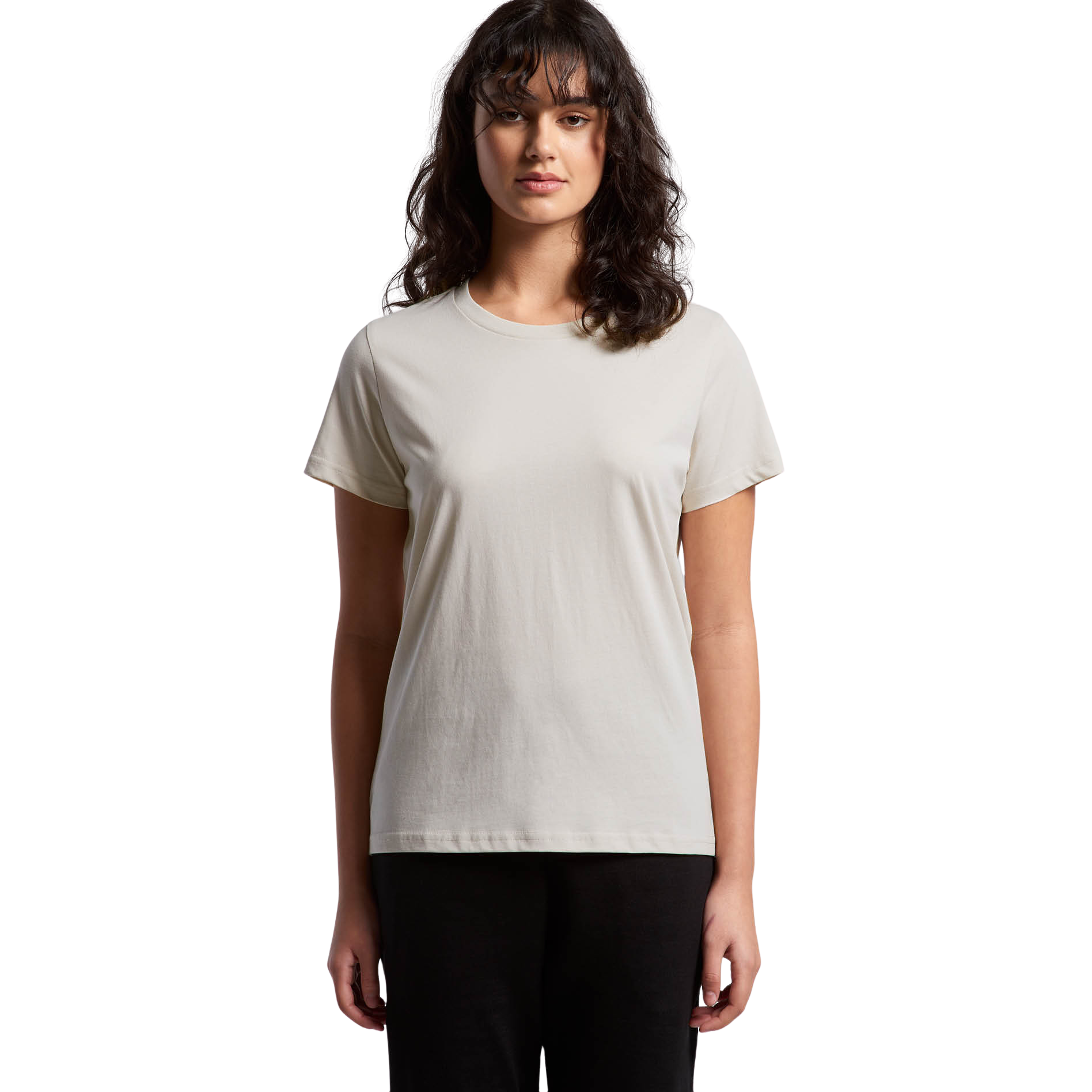 Front view of woman wearing bone coloured AS Colour Womens Maple T-shirt looking forward towards camera