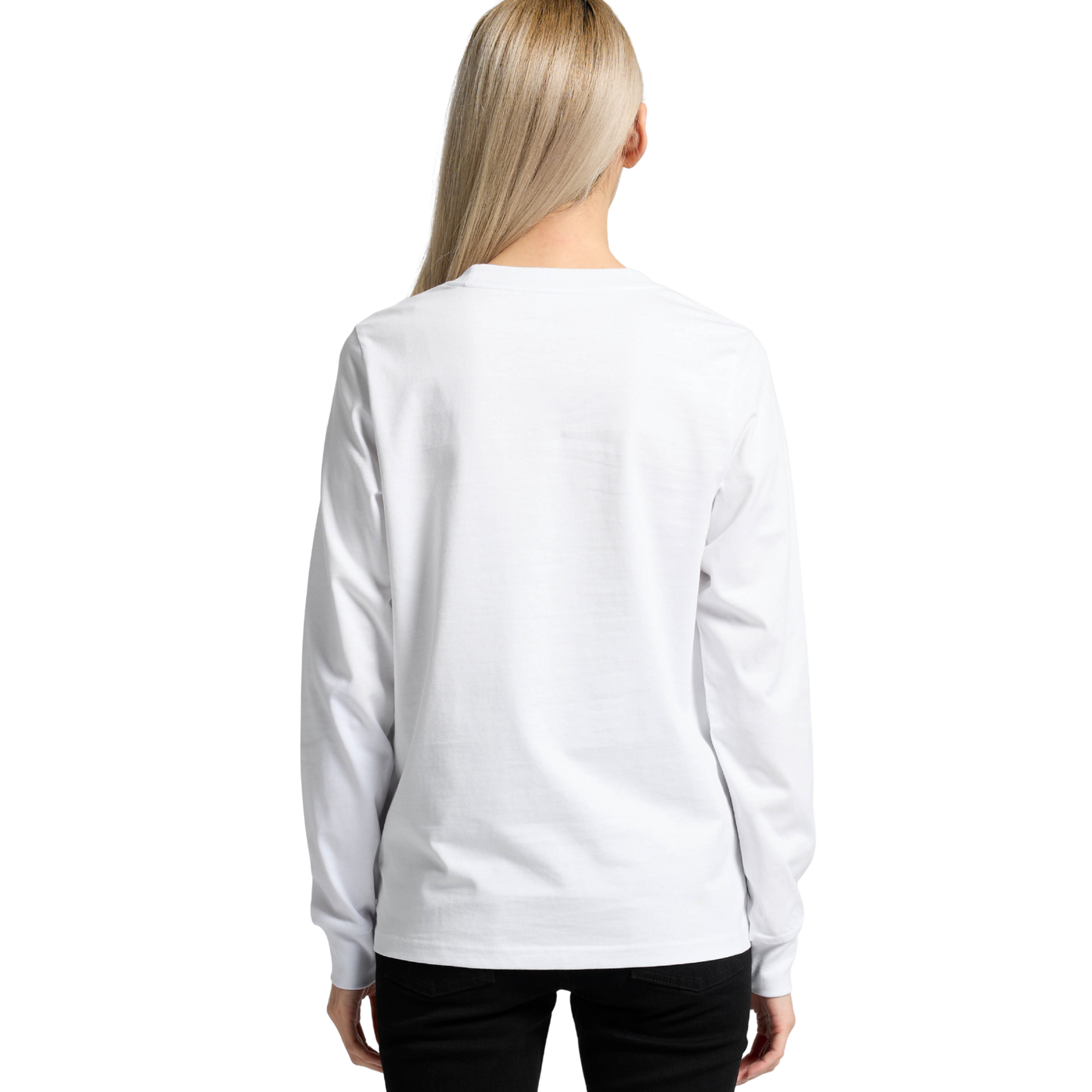 Back view of woman wearing white AS Colour Ladies Maple Long Sleeve T-shirt with hair draped over left shoulder