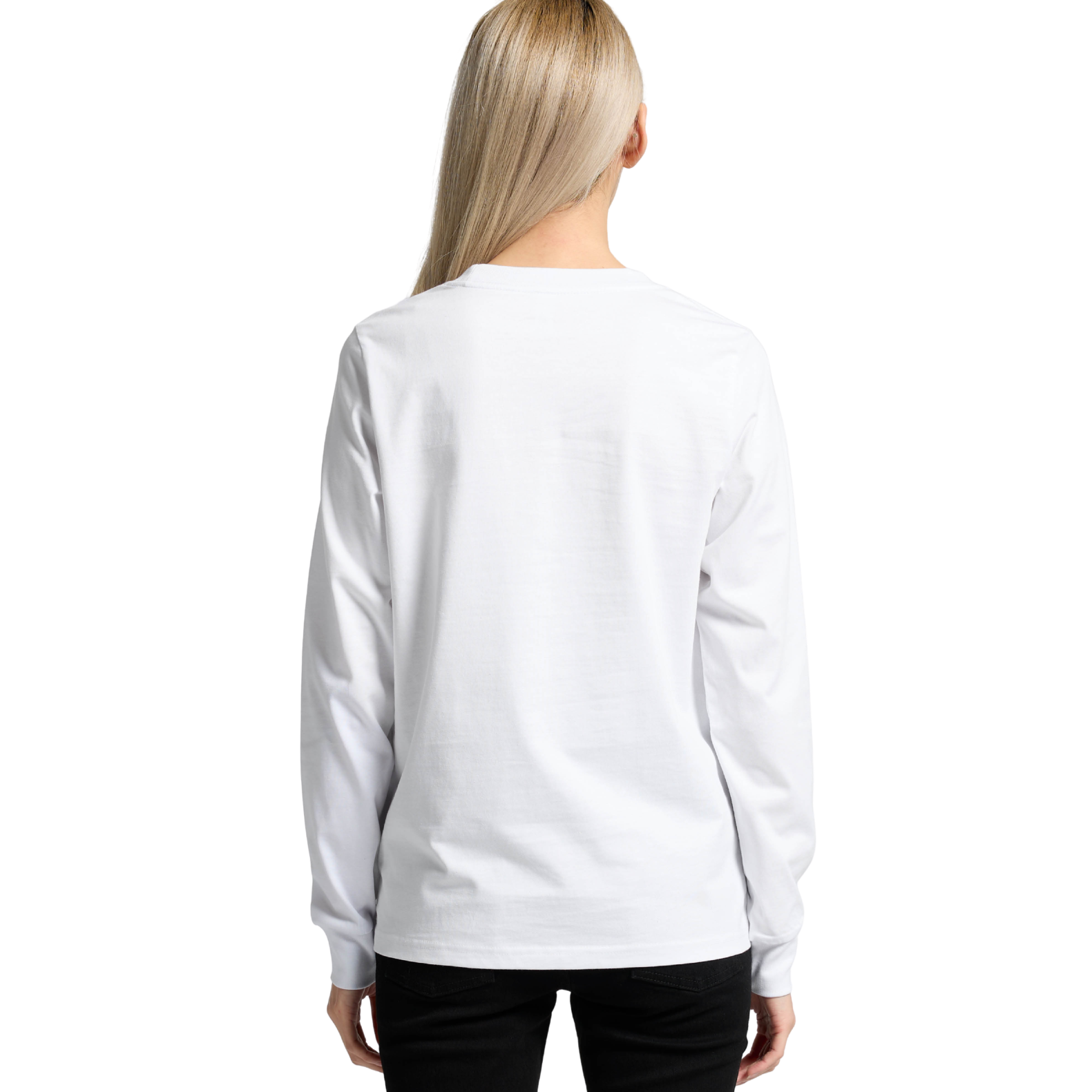 Back view of woman wearing white AS Colour Ladies Maple Long Sleeve T-shirt with hair draped over left shoulder