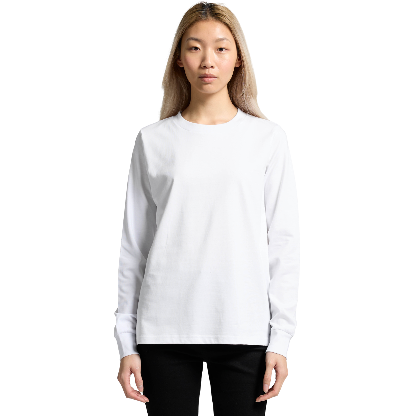 Front view of woman wearing white AS Colour Ladies Maple Long Sleeve T-shirt looking straight ahead