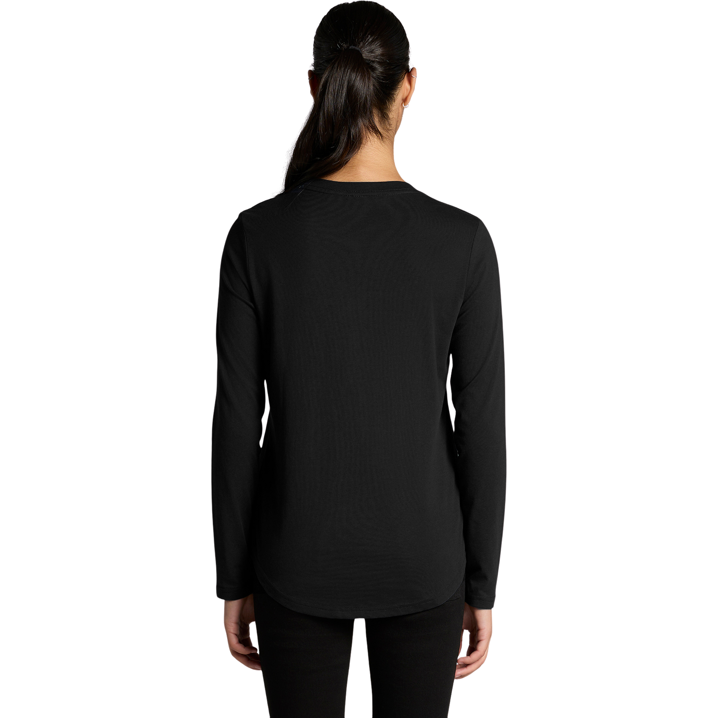 Back view of woman wearing black AS Colour Ladies Maple Curve Long Sleeve T-shirt with hair pulled over left shoulder