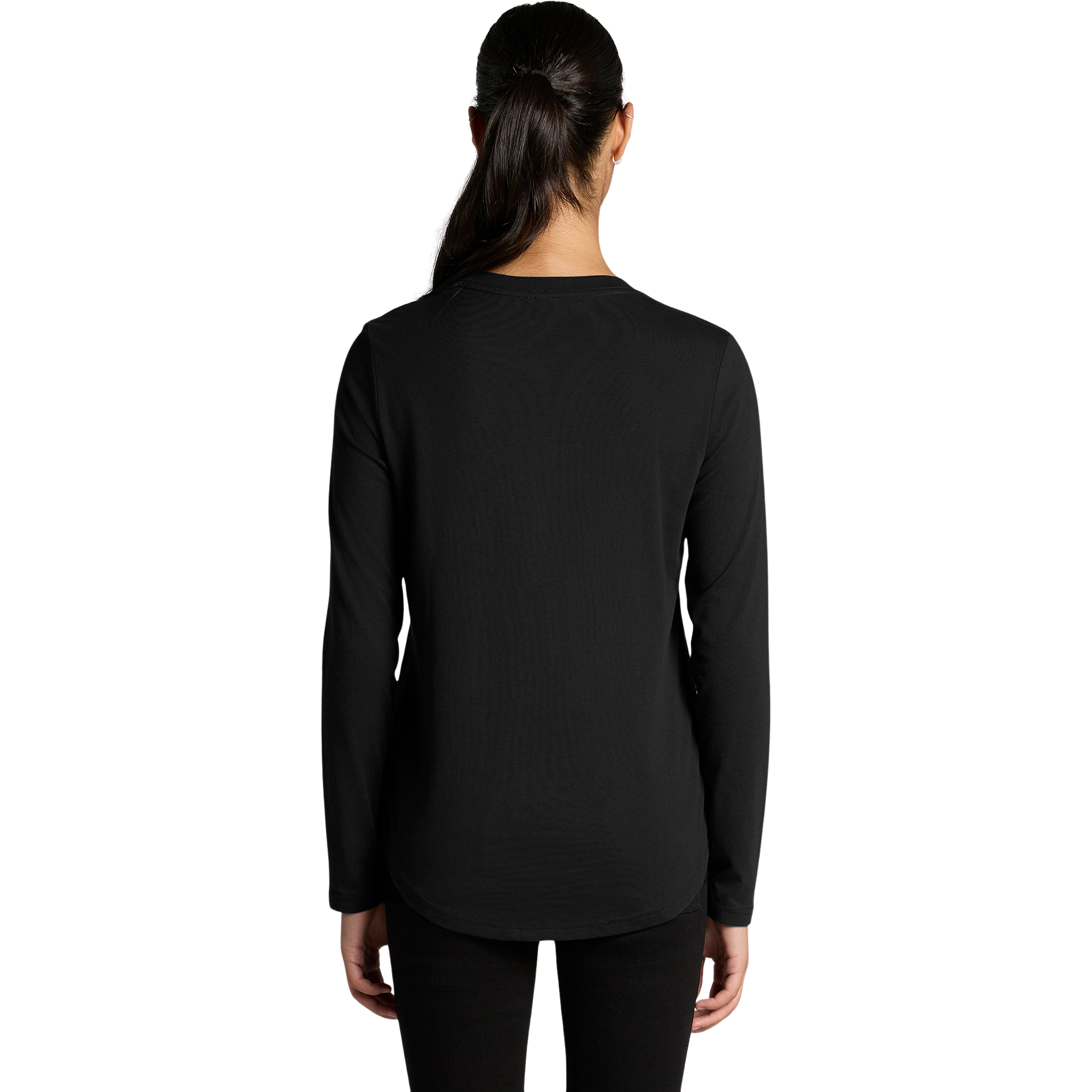Back view of woman wearing black AS Colour Ladies Maple Curve Long Sleeve T-shirt with hair pulled over left shoulder