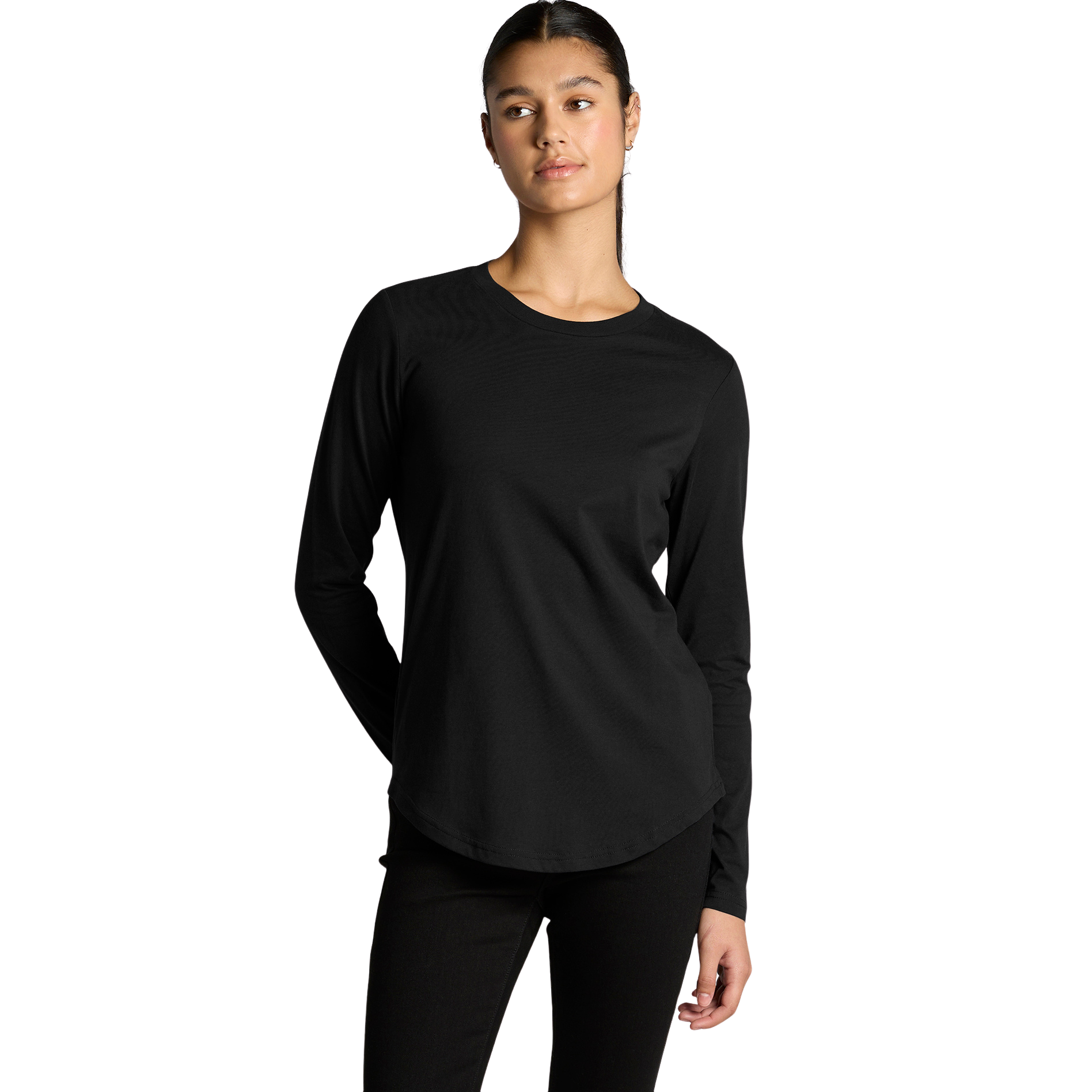 Front view of woman wearing black AS Colour Ladies Maple Curve Long Sleeve T-shirt with right hand behind back looking to the right