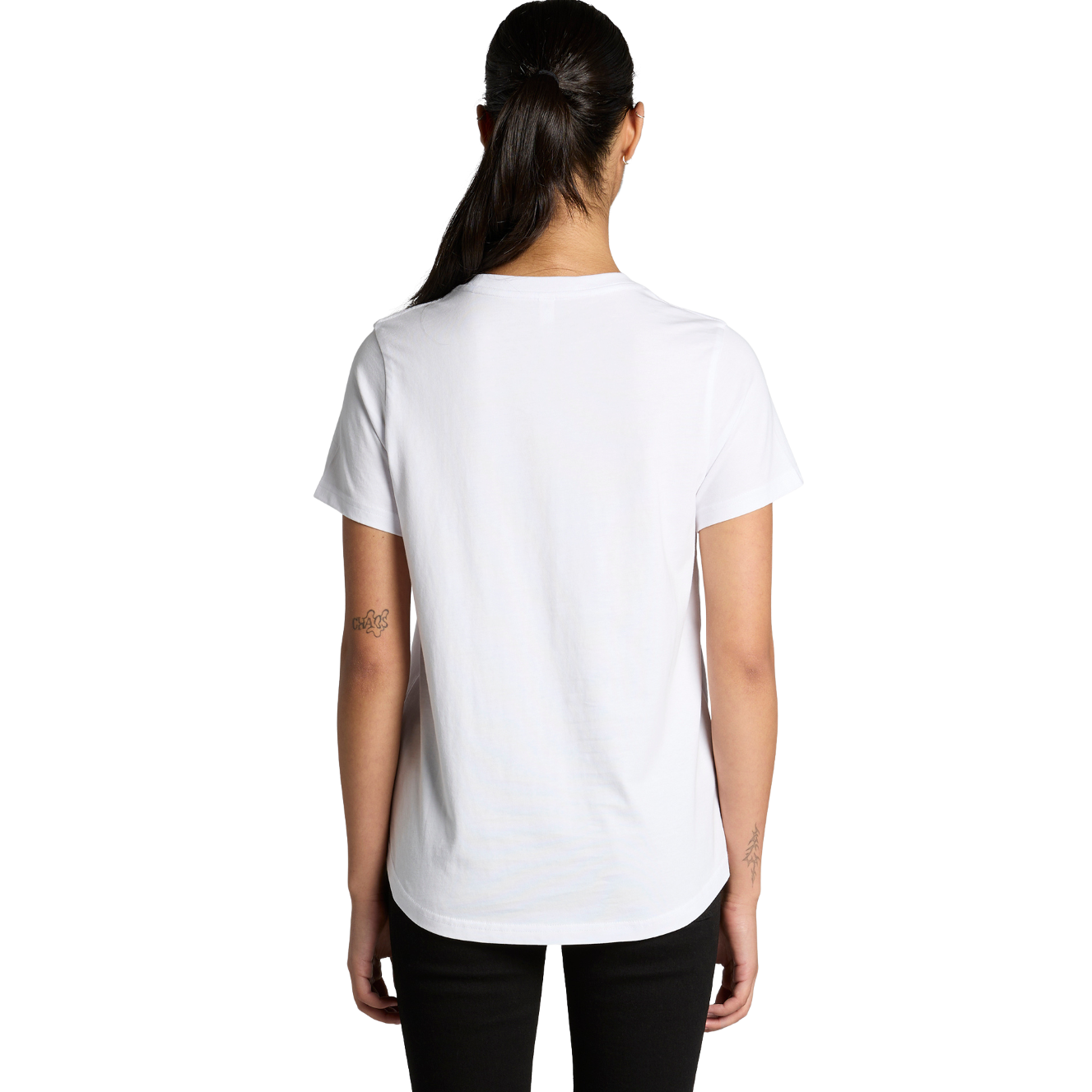 Back view of woman wearing white AS Colour Ladies Maple Curve T-shirt with ponytail over left shoulder