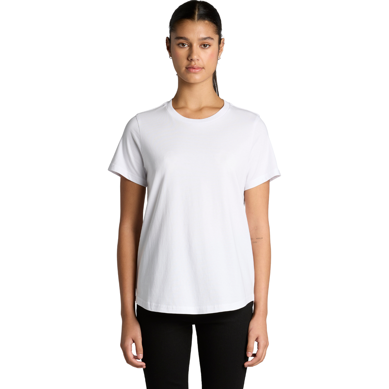 Front view of woman wearing white AS Colour 4024 Ladies Maple Curve T-shirt   looking straight ahead