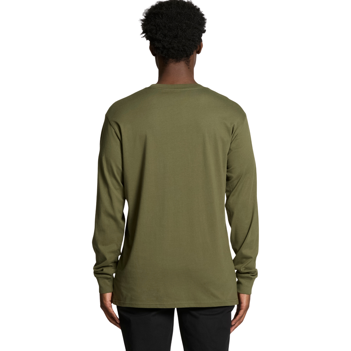 Back view of man wearing army coloured AS Colour Staple Long Sleeve T-shirt with hands by side