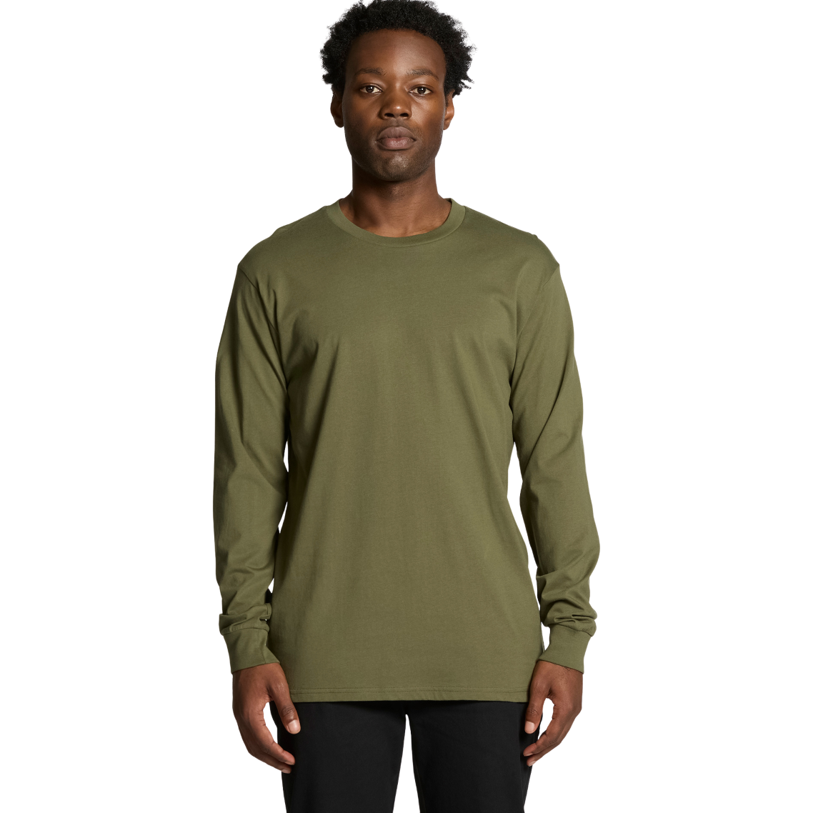 Front view of man wearing army coloured AS Colour Staple Long Sleeve T-shirt looking straight ahead