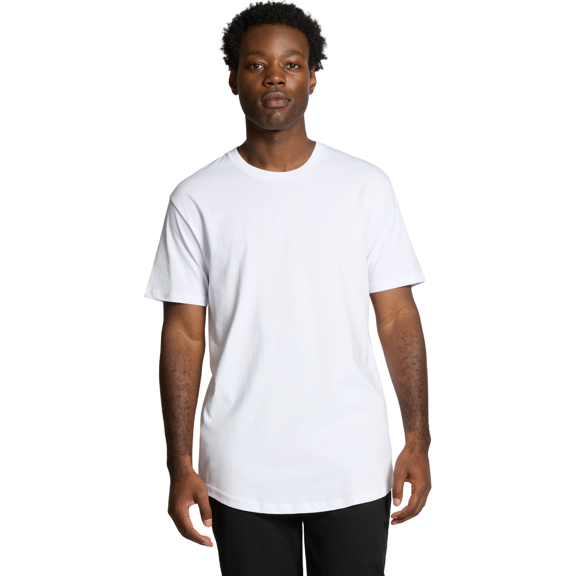Front view of man wearing white AS Colour 5076 Staple Curve T-shirt looking straight ahead