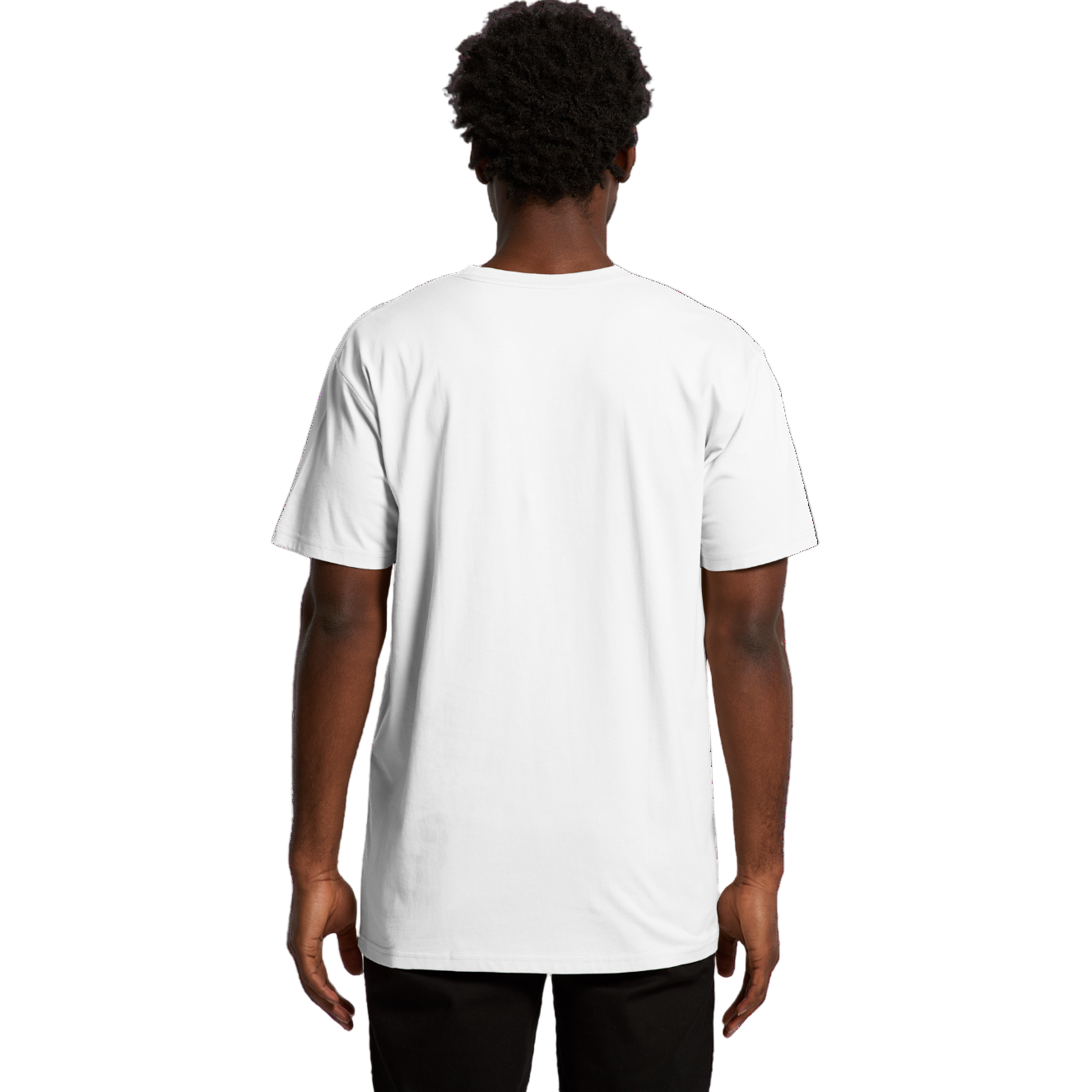 Back view of man wearing white AS Colour Staple Recycled T-shirt with hands by his side