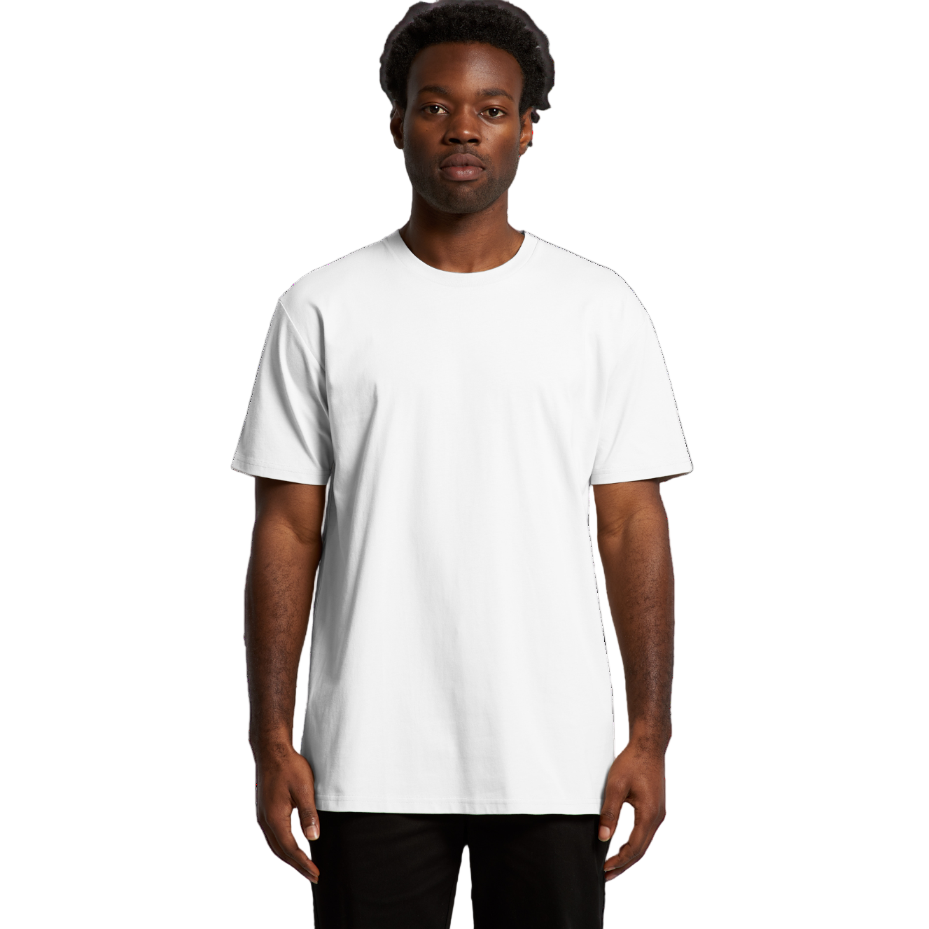 Front view of man wearing white AS Colour Staple Recycled T-shirt looking straight ahead