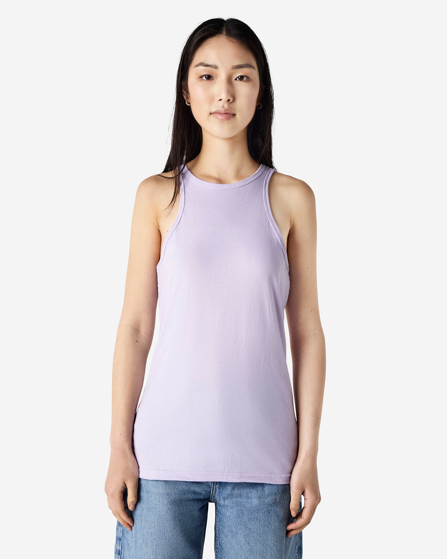 Front view of woman wearing lilac coloured American Apparel Racer Neck Ribbed Tank Top looking straight ahead