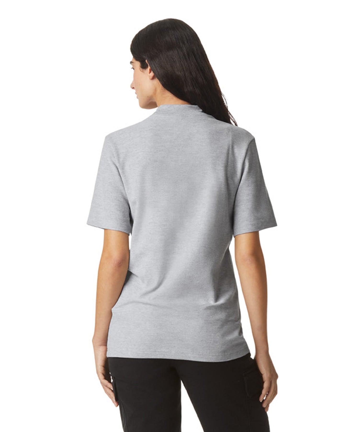 Back view of woman wearing grey American Apparel Unisex Pique Mock Neck T-Shirt with hair over right shoulder looking left