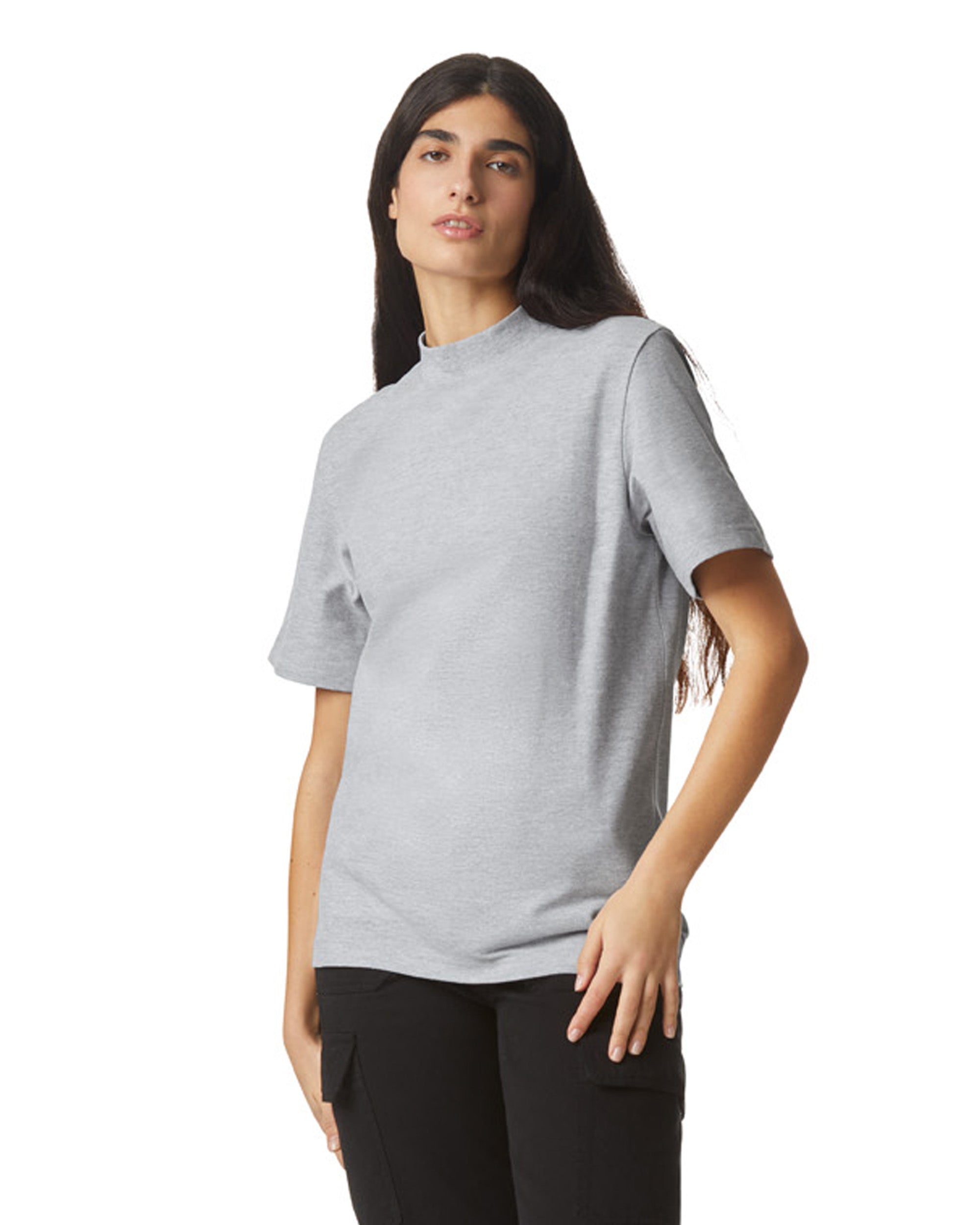 Front view of woman wearing grey American Apparel Unisex Pique Mock Neck T-Shirt standing slightly side on with hands on hips