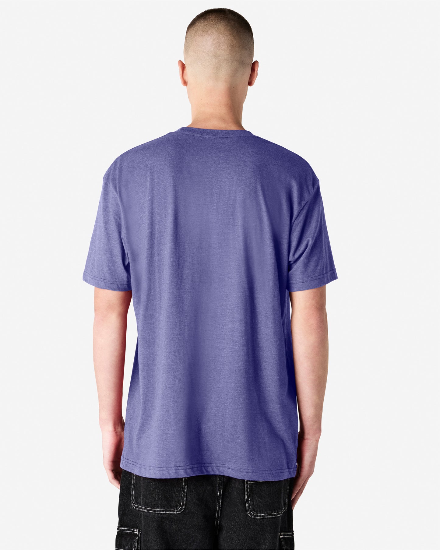 Back view of man wearing grape coloured American Apparel T-Shirt with hands by side