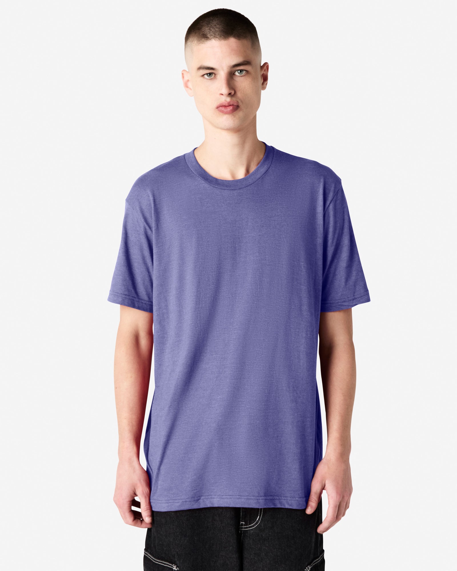 Front view of man wearing grape coloured American Apparel T-Shirt looking straight ahead