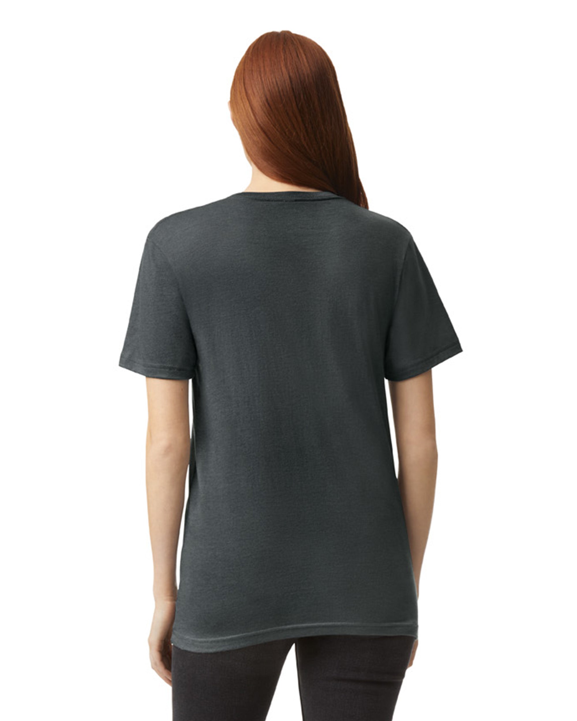 Back view of woman wearing charcoal American Apparel Unisex V-Neck T-shirt with red hair over right shoulder