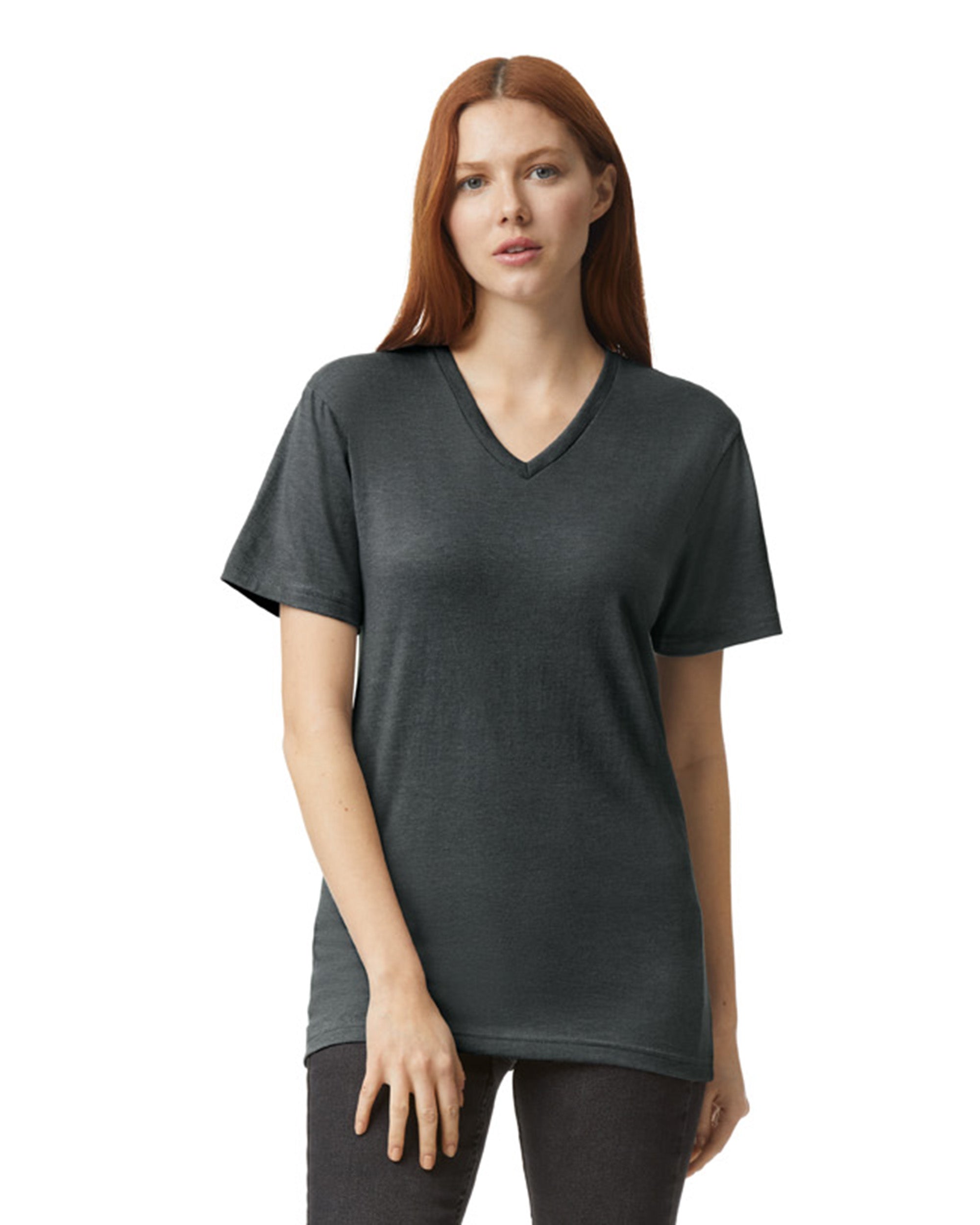Front view of woman wearing charcoal American Apparel Unisex V-Neck T-shirt with right hand on left leg looking straight ahead