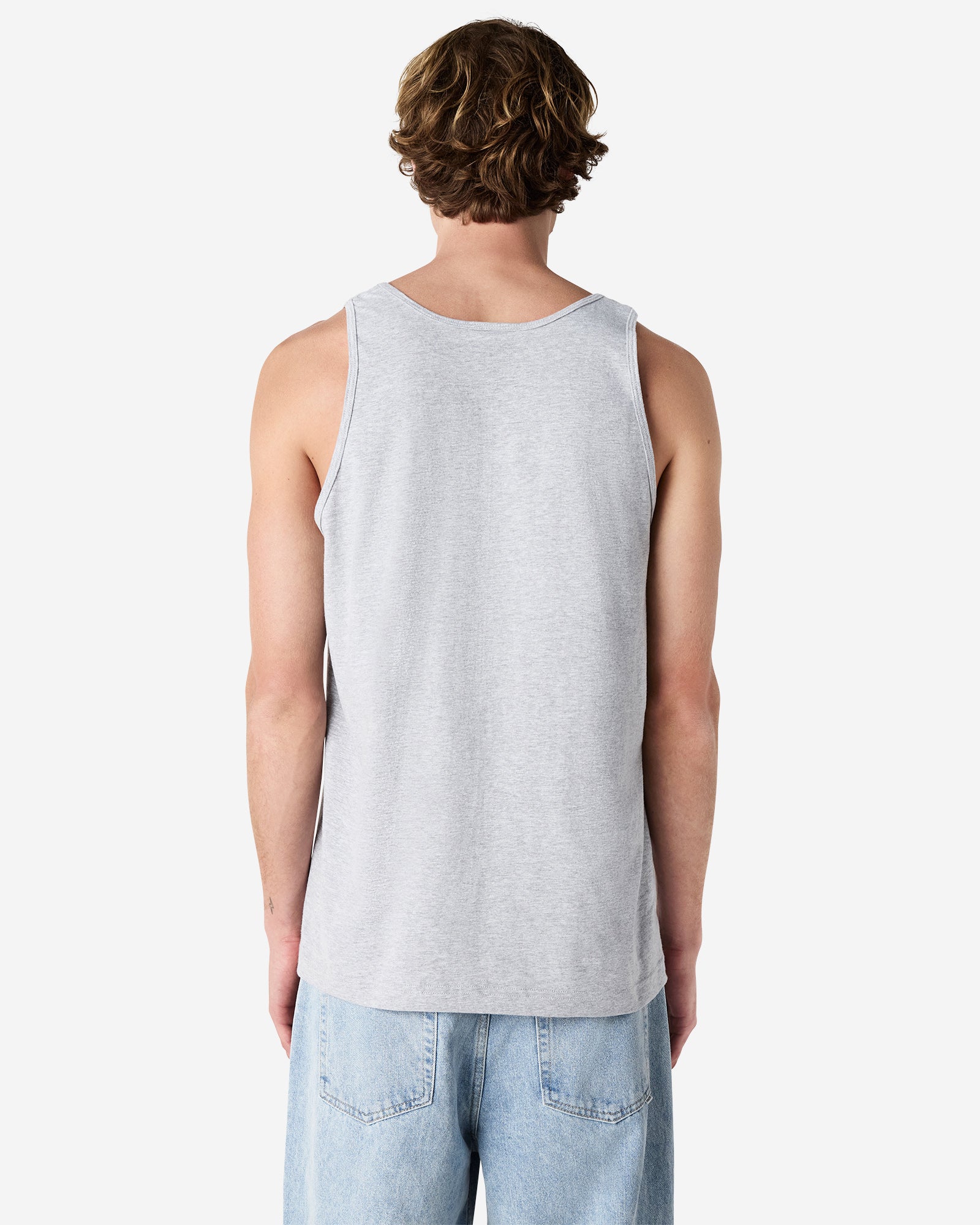 Back view of man wearing grey American Apparel Unisex Tank Top with arms by side