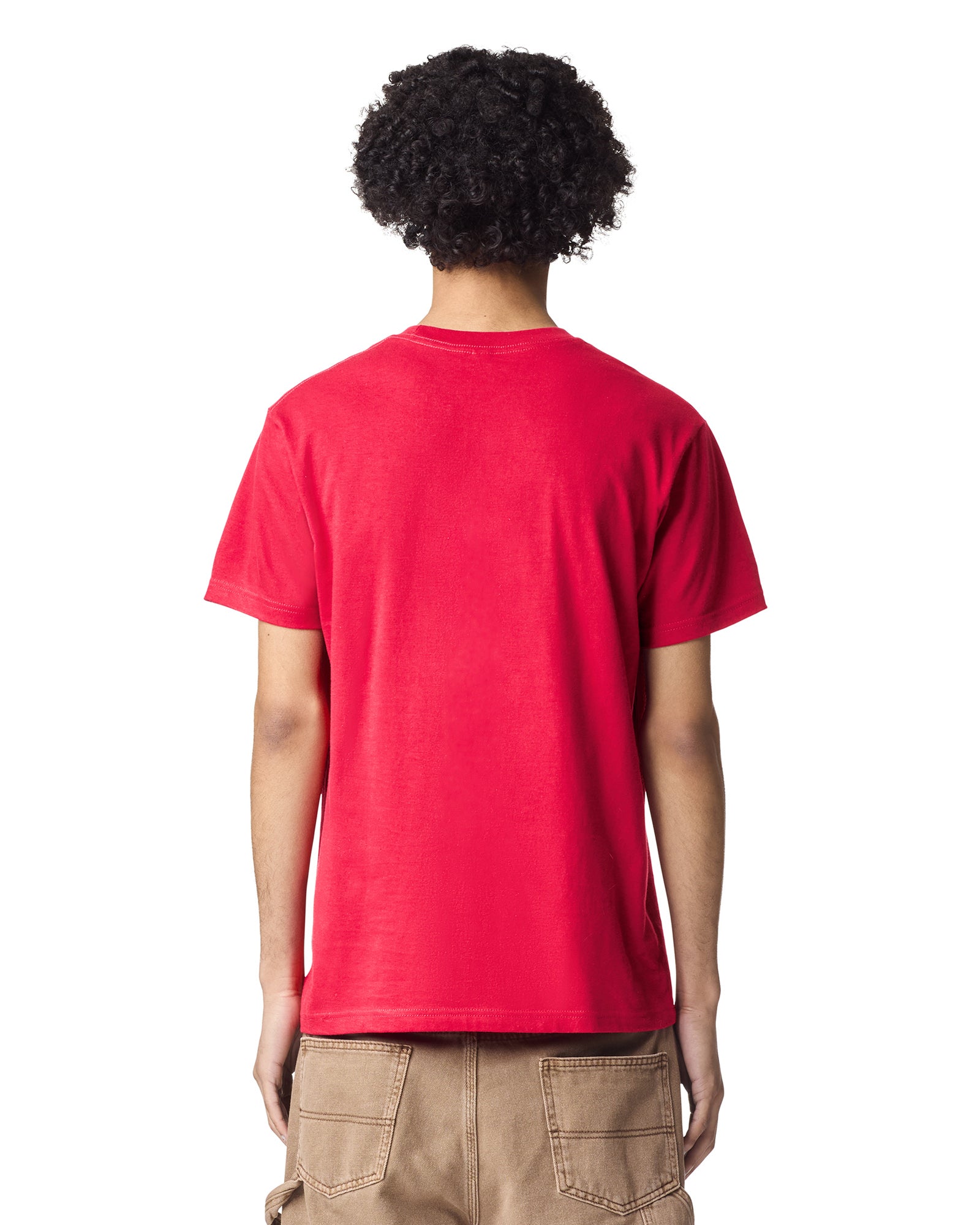 Back view of man wearing red  American Apparel Fine Jersey Short Sleeve Crew Neck T-shirt with arms by side