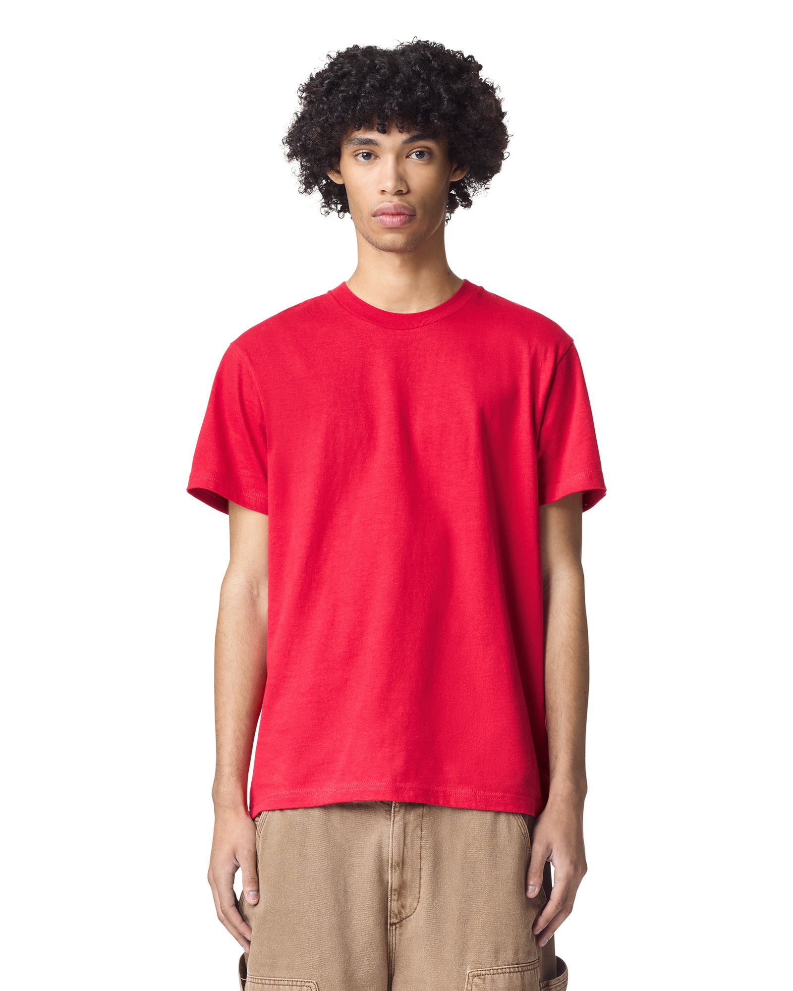 Front view of man wearing red  American Apparel Fine Jersey Short Sleeve Crew Neck T-shirt looking straight ahead
