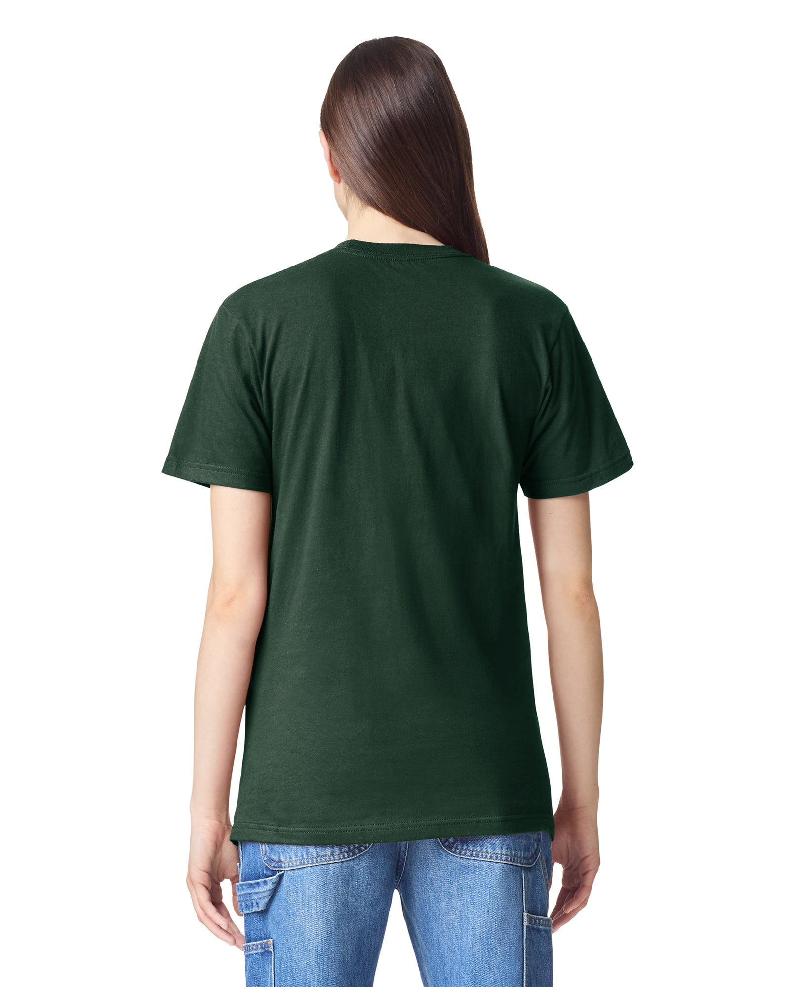 Back view of youth wearing a forest coloured American Apparel Fine Jersey Youth T-shirt with hair over right shoulder