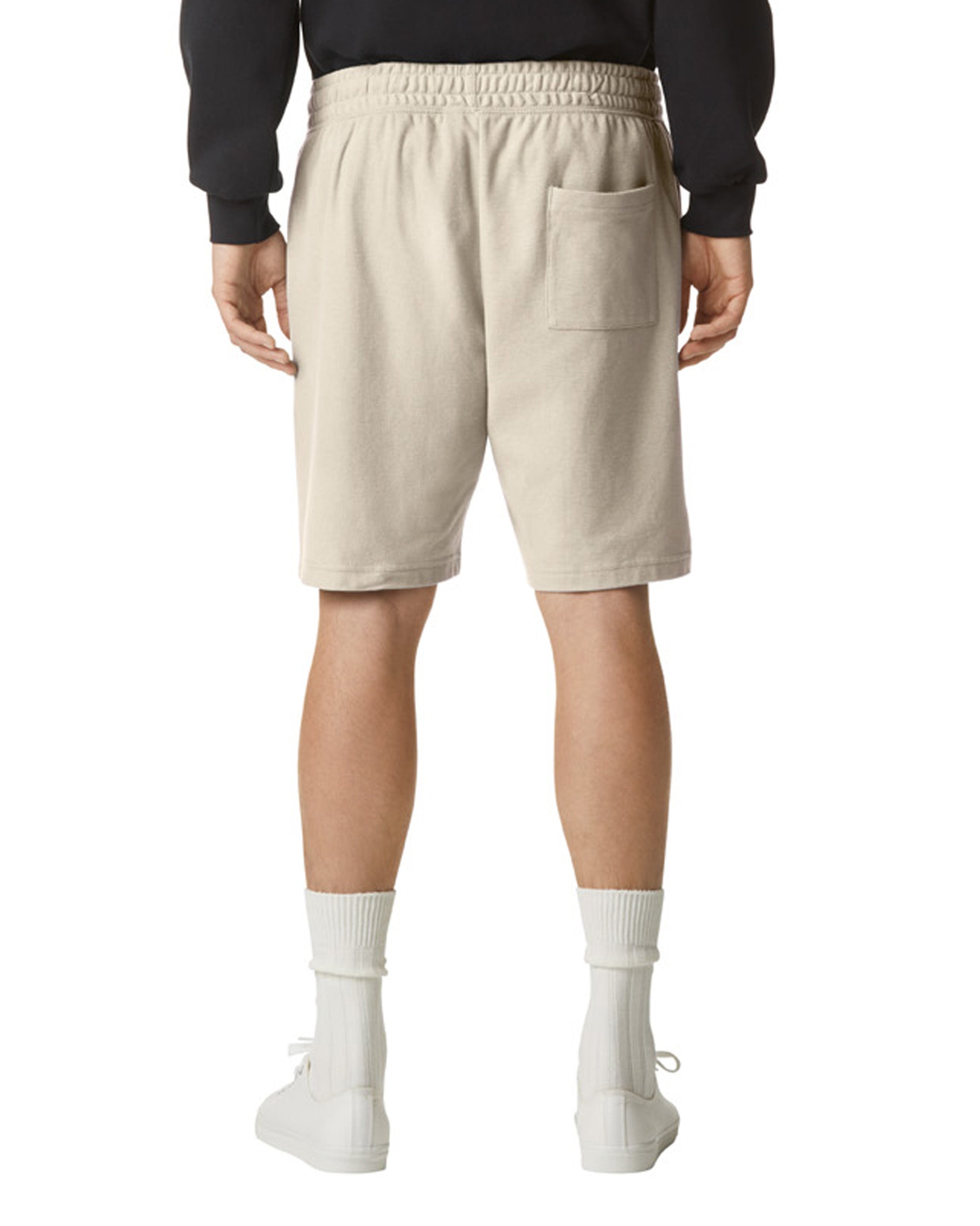 Back view of man wearing bone coloured American Apparel Unisex Pique Gym Shorts