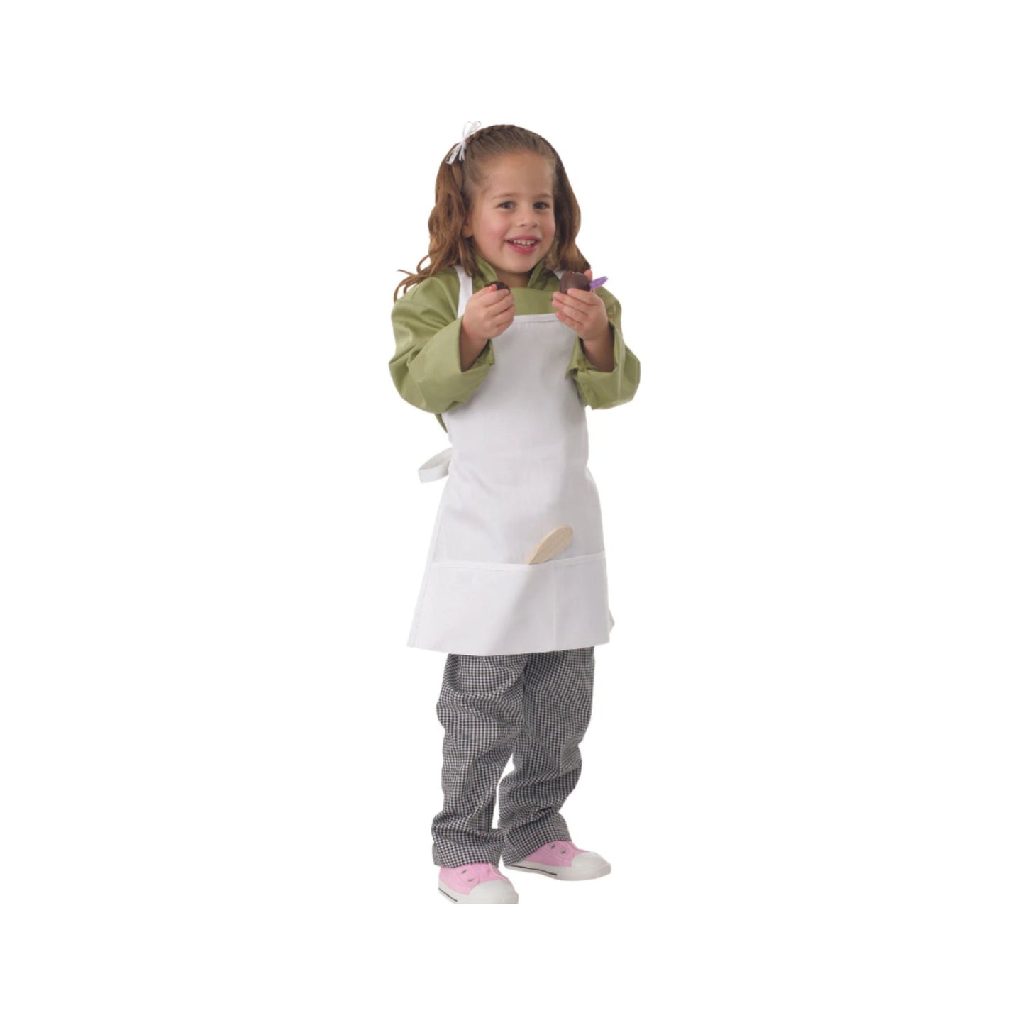 Front view of child smiling wearing the Chef Works Child Bib Apron with Pockets and chef pants