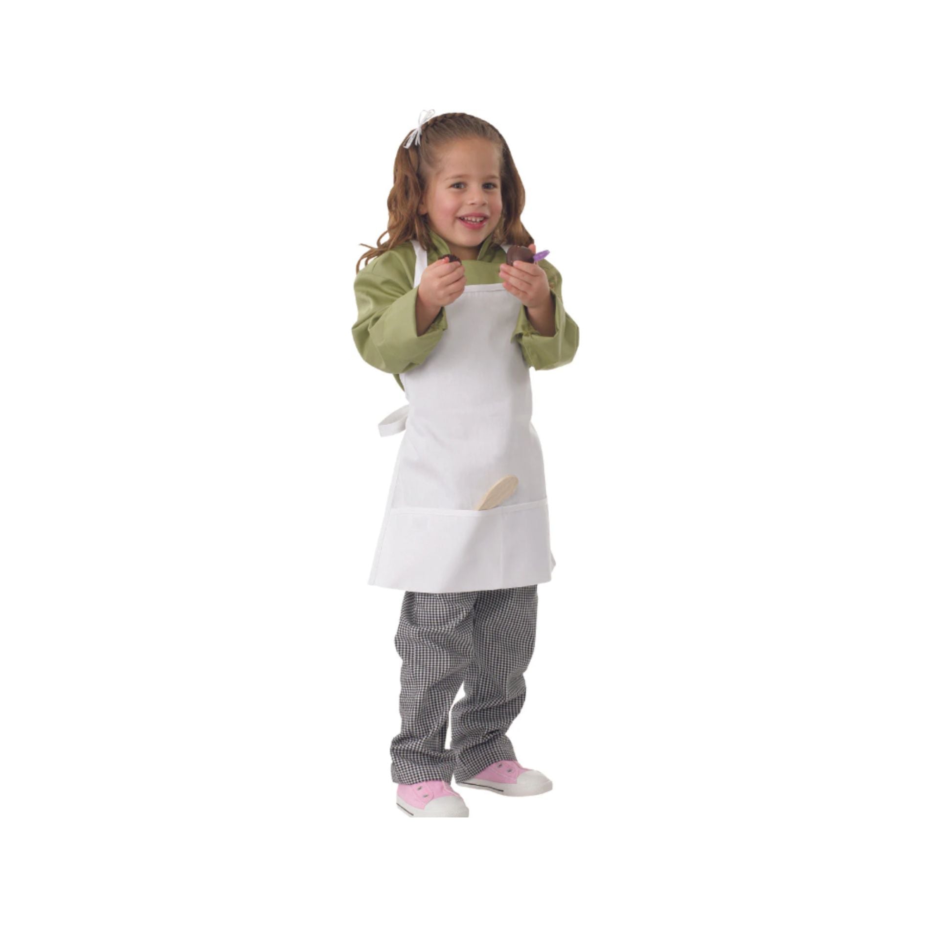 Front view of child smiling wearing the Chef Works Child Bib Apron with Pockets and chef pants