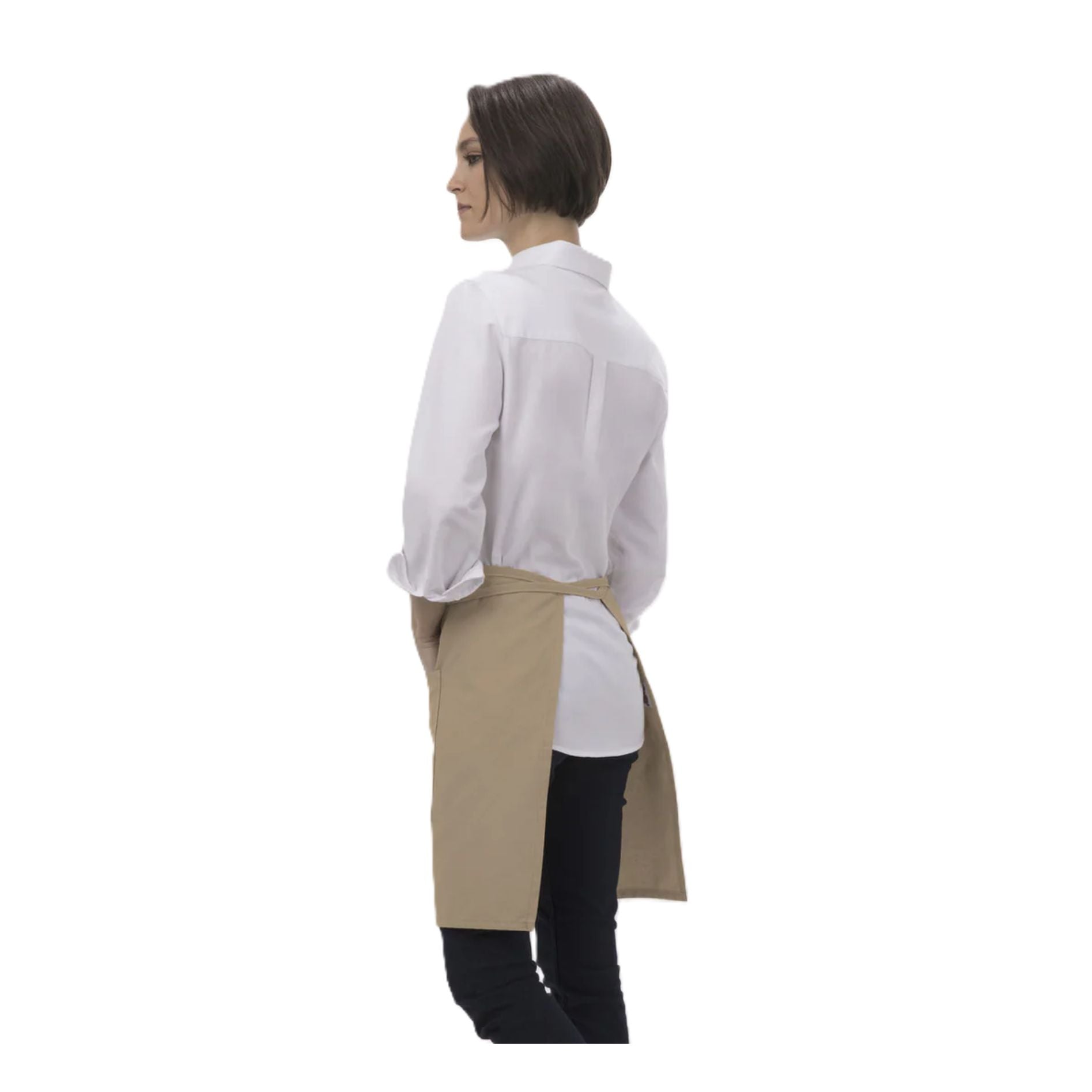 Back view of professional woman wearing a white shirt and the Chef Works Half Apron with Pockets showing strap configuration