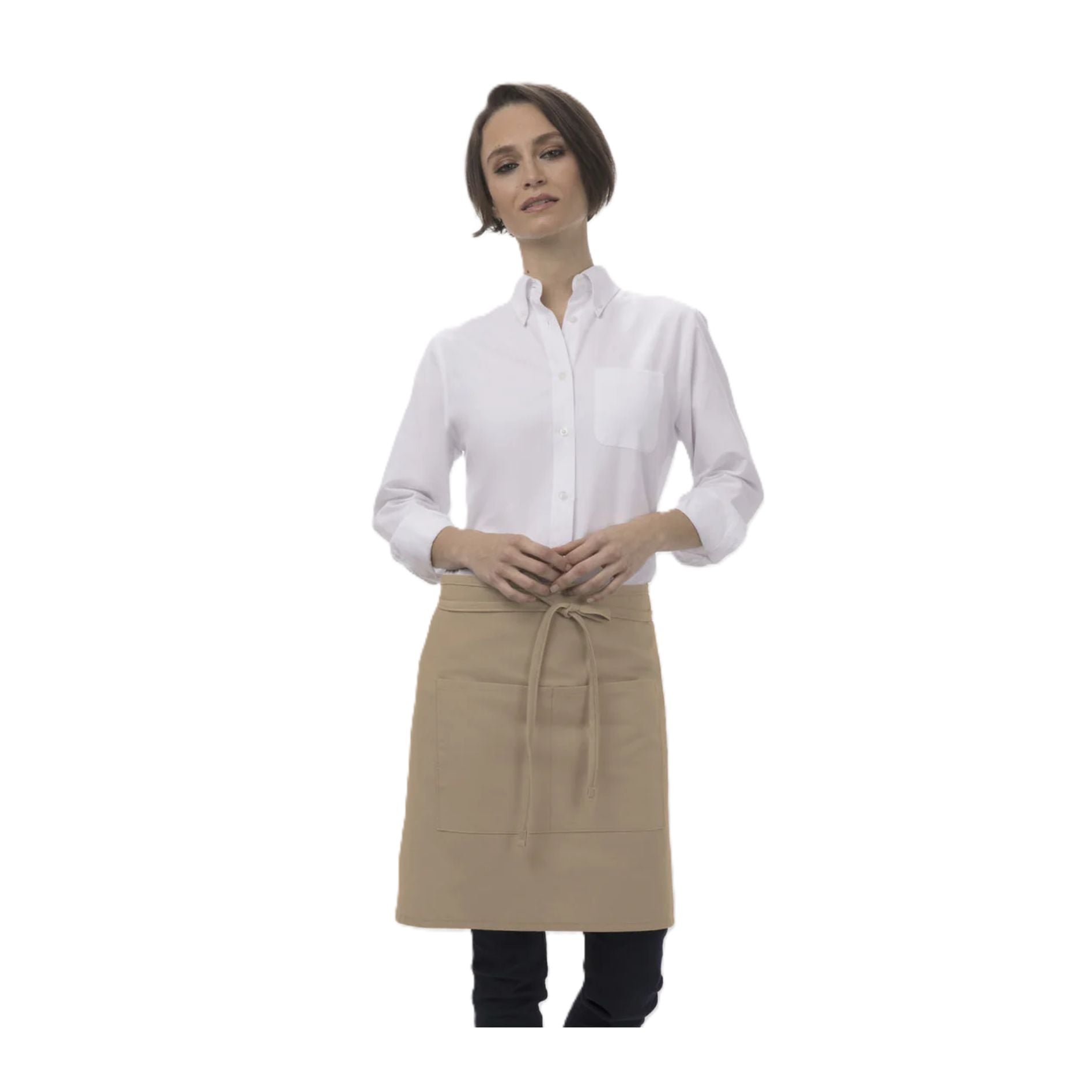 Front view of professional woman wearing a white shirt and the Chef Works Half Apron with Pockets