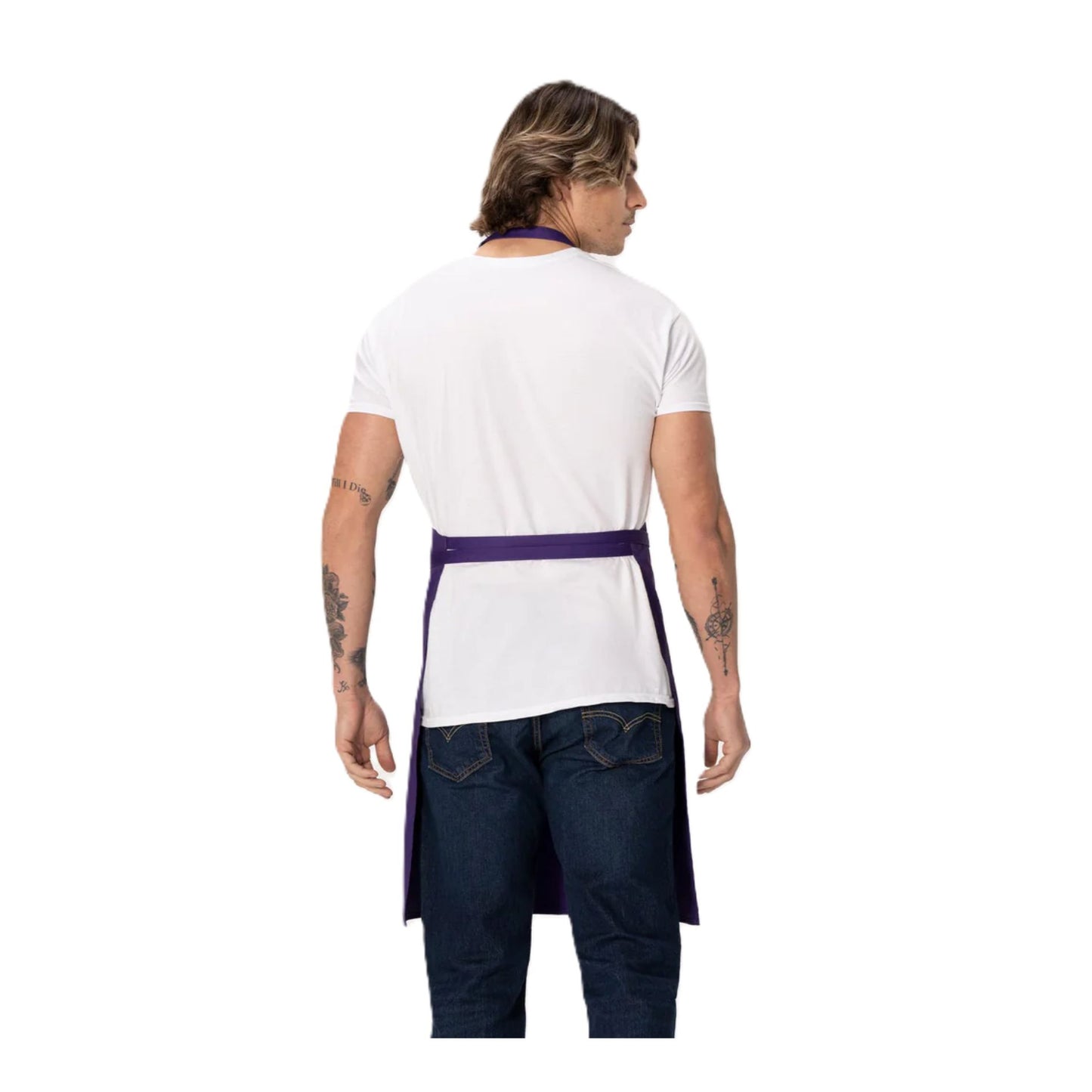 Back view of man with tattoos looking right wearing the Chef Works F8 Bib Apron with Pockets showing the strap configuration