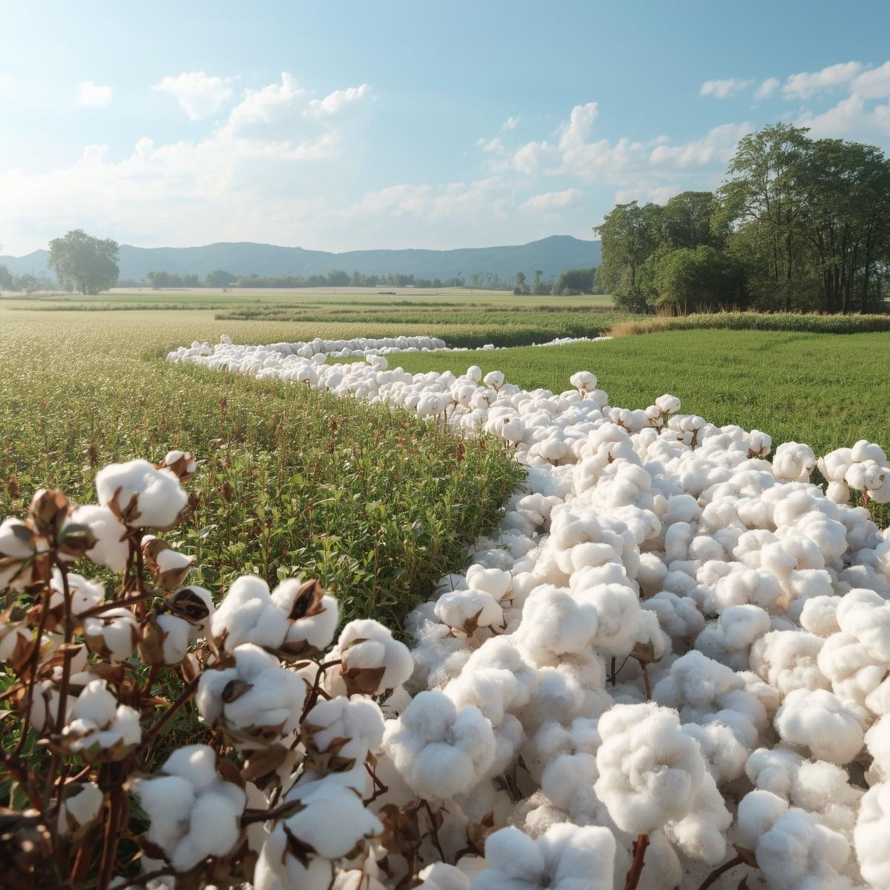 Photo of a green field with hills in the background and cotton plants winding the way through the field