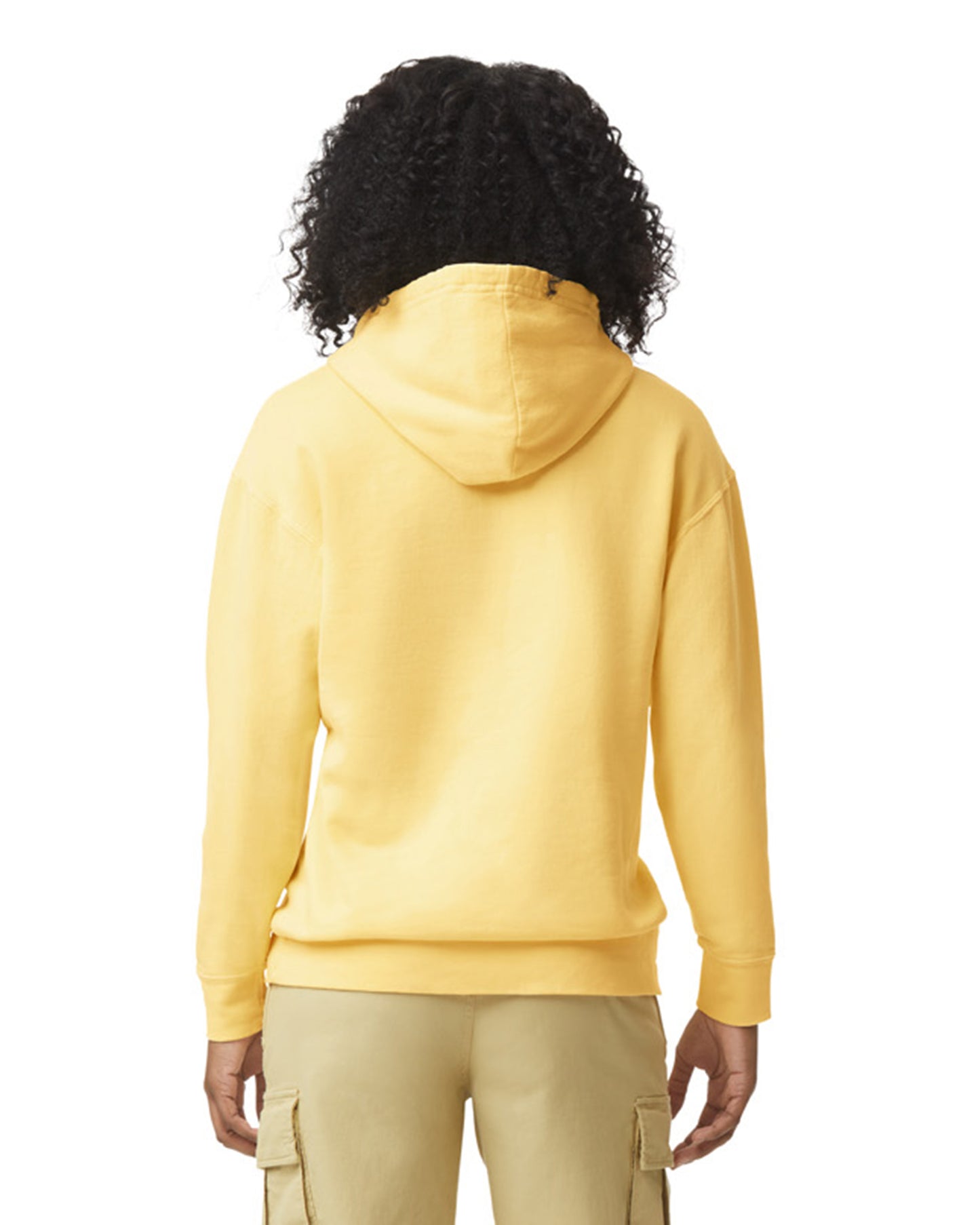 Back view of woman wearing butter coloured Unisex Comfort Colors 1467 Lightweight Hooded Sweatshirt and arms by side