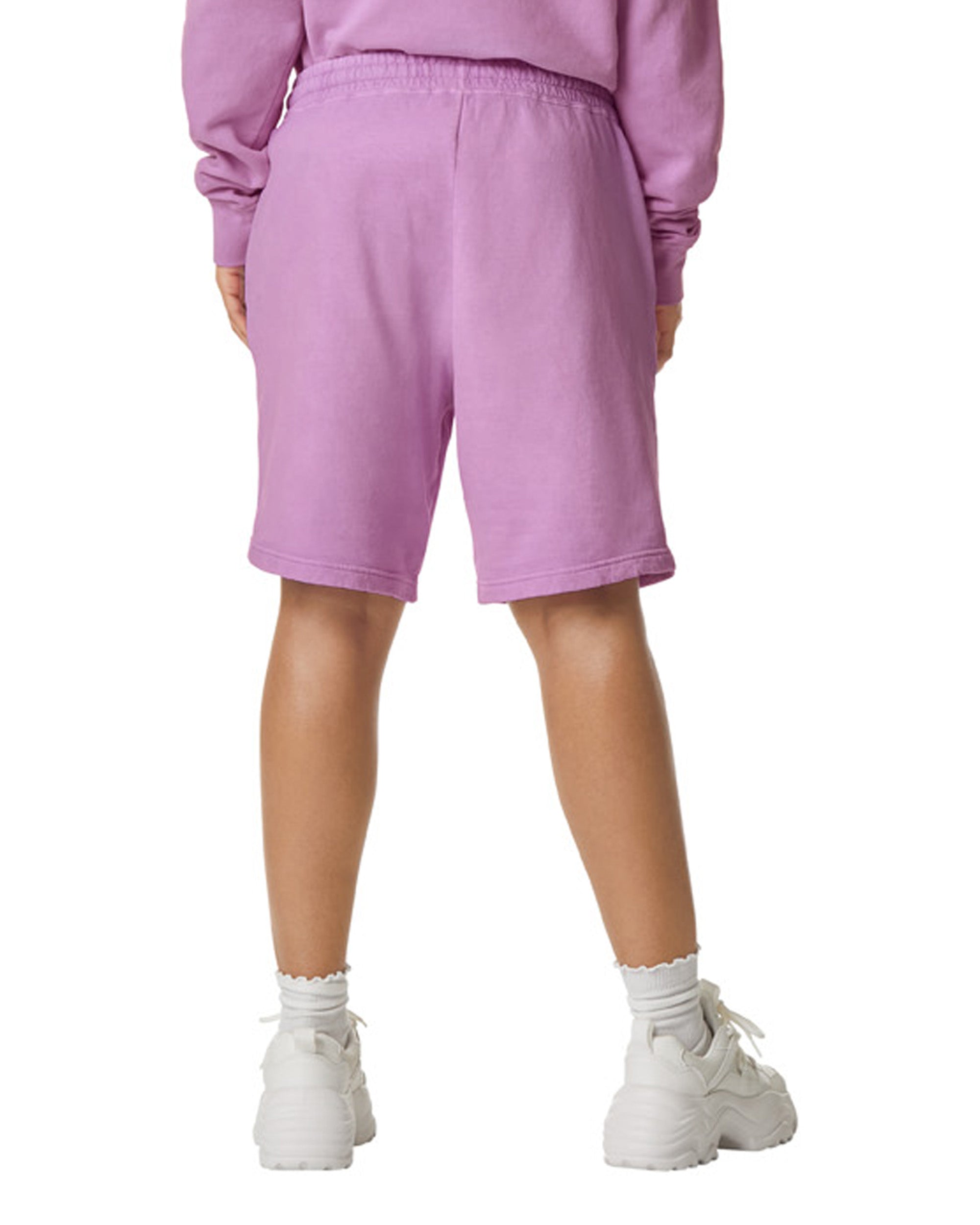 Back view of neon violet coloured Comfort Colors Lightweight Sweatshorts on white background