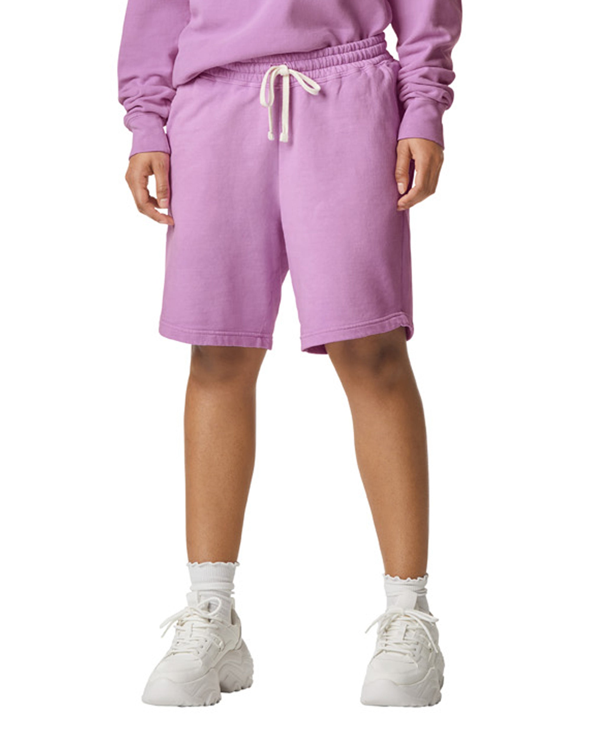 Front view of neon violet coloured Comfort Colors Lightweight Sweatshorts on white background